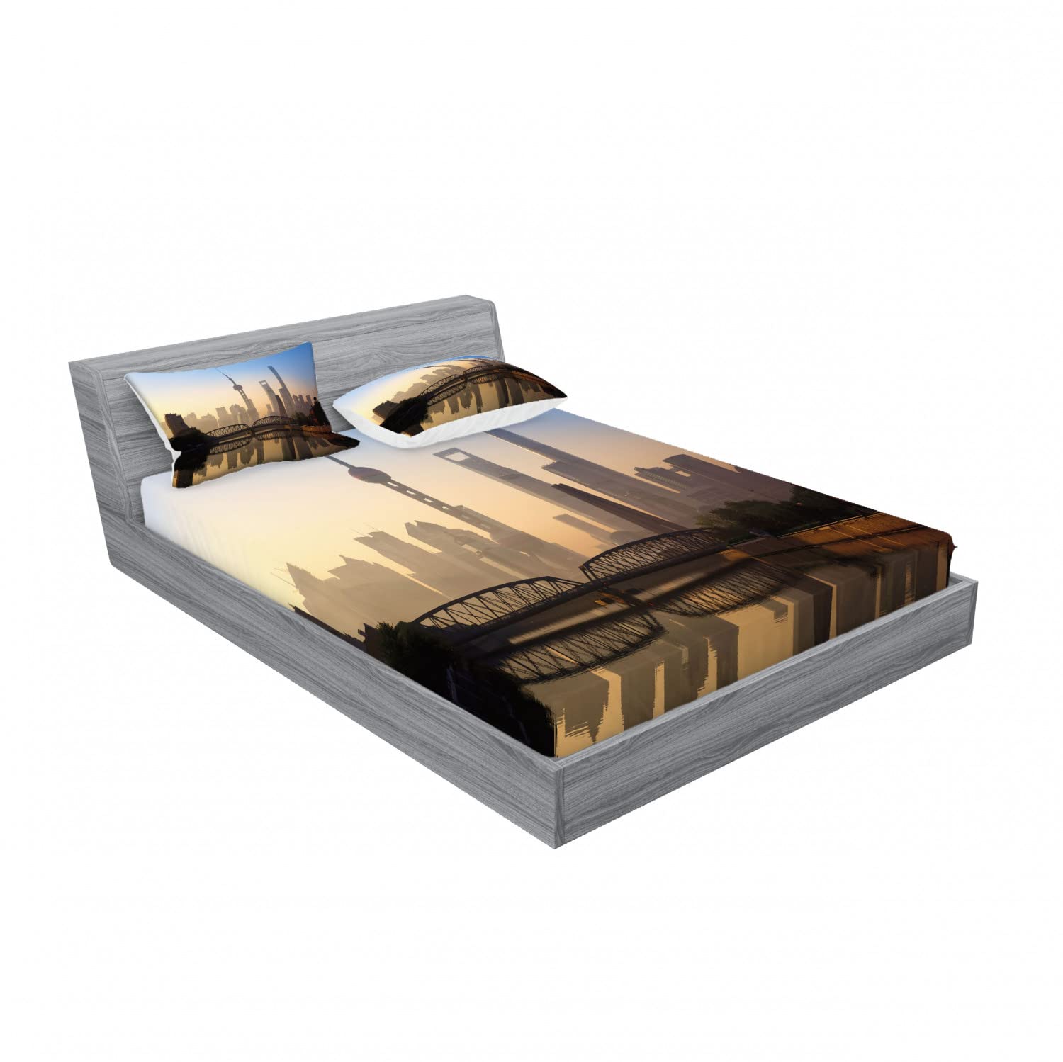 Ambesonne 2-Pack Queen Size Fitted Sheet Set with 4 Pillow Shams - Shanghai Morning View Blue Brown Landscape Design Bedding Collection | Perfect for Guest Rooms, Vacation Homes & Coastal Themed Bedroom Decor