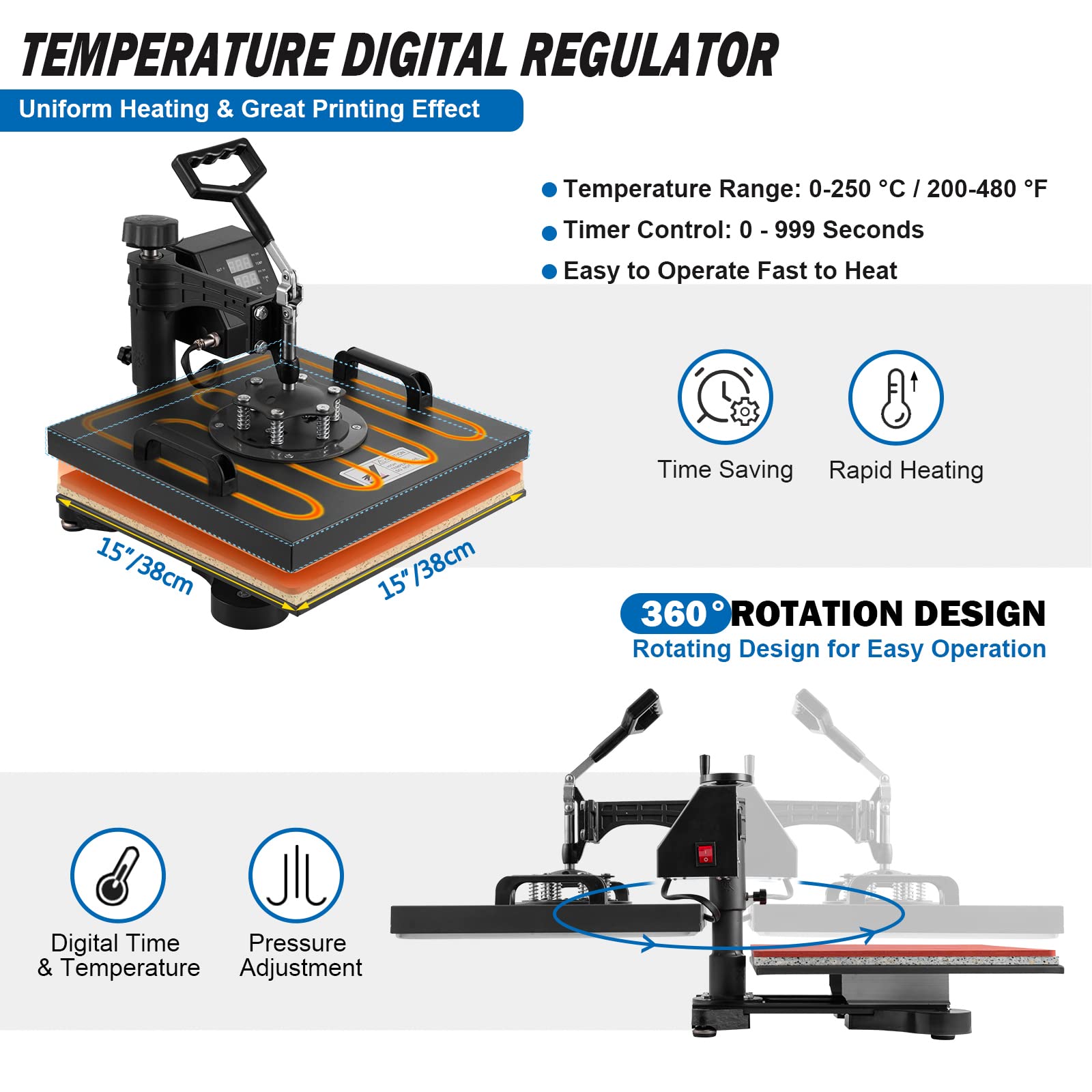 5 in 1 Multifunction Heat Press Machine 15x15 inch - T-Shirt, Hat, Mug & Plate Sublimation Transfer Press with Slide Out Design | Perfect for DIY Crafts, Custom Apparel & Small Business Printing