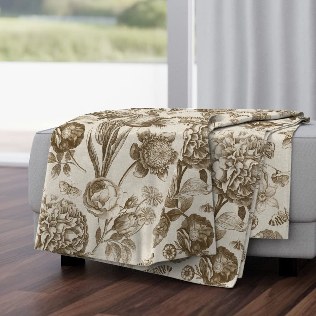 Luxe Velvet Throw Blanket 50x70 Inches - Victorian Botanical Floral Design in Taupe & Cream | Soft Antique-Inspired Sepia Print Blanket for Couch, Bed & Home Decor