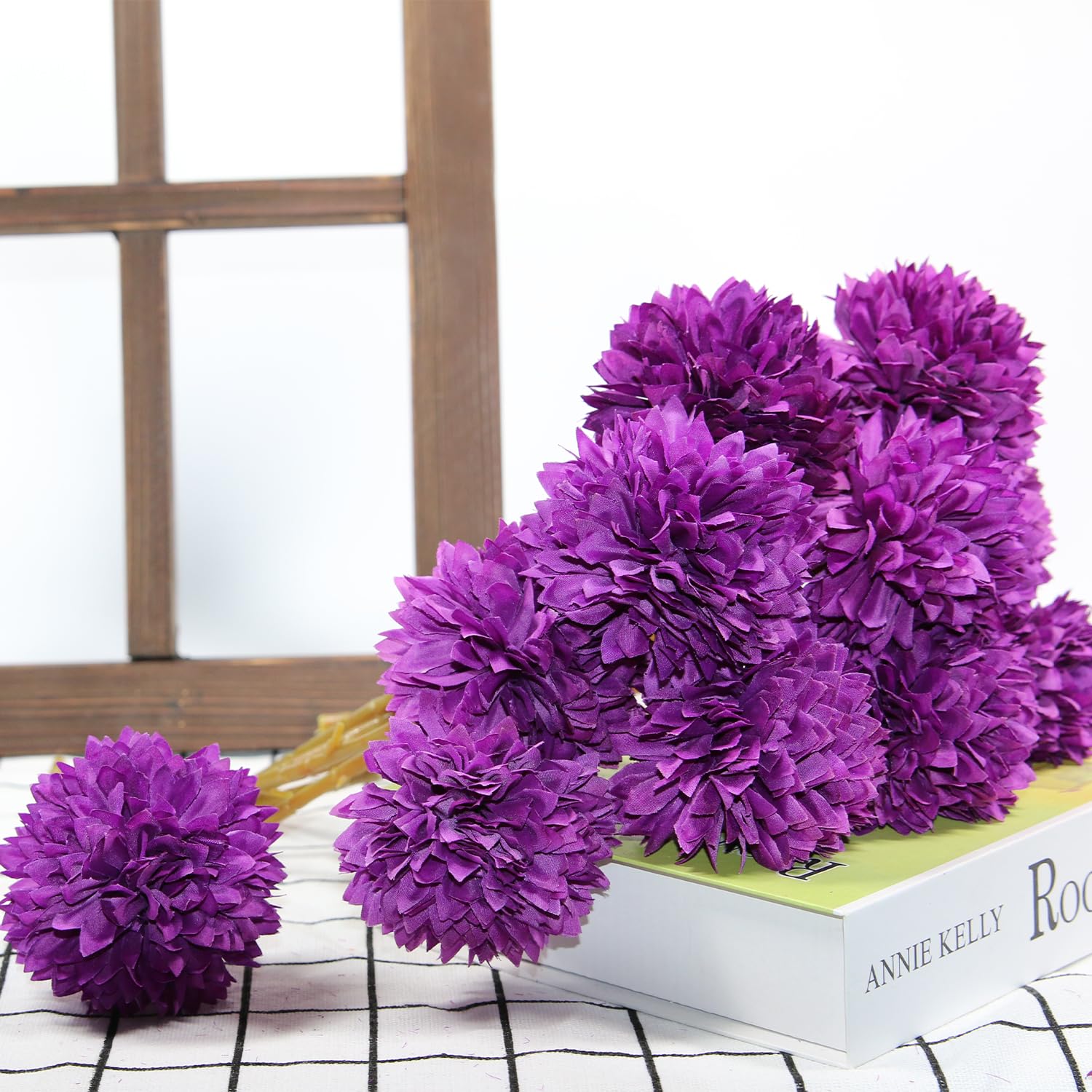 12 Pack Artificial Purple Chrysanthemum Flowers - Faux Ball Bouquet for Wedding, Home, Garden & Party Decorations - Perfect for Centerpieces, Table Arrangements and DIY Floral Crafts