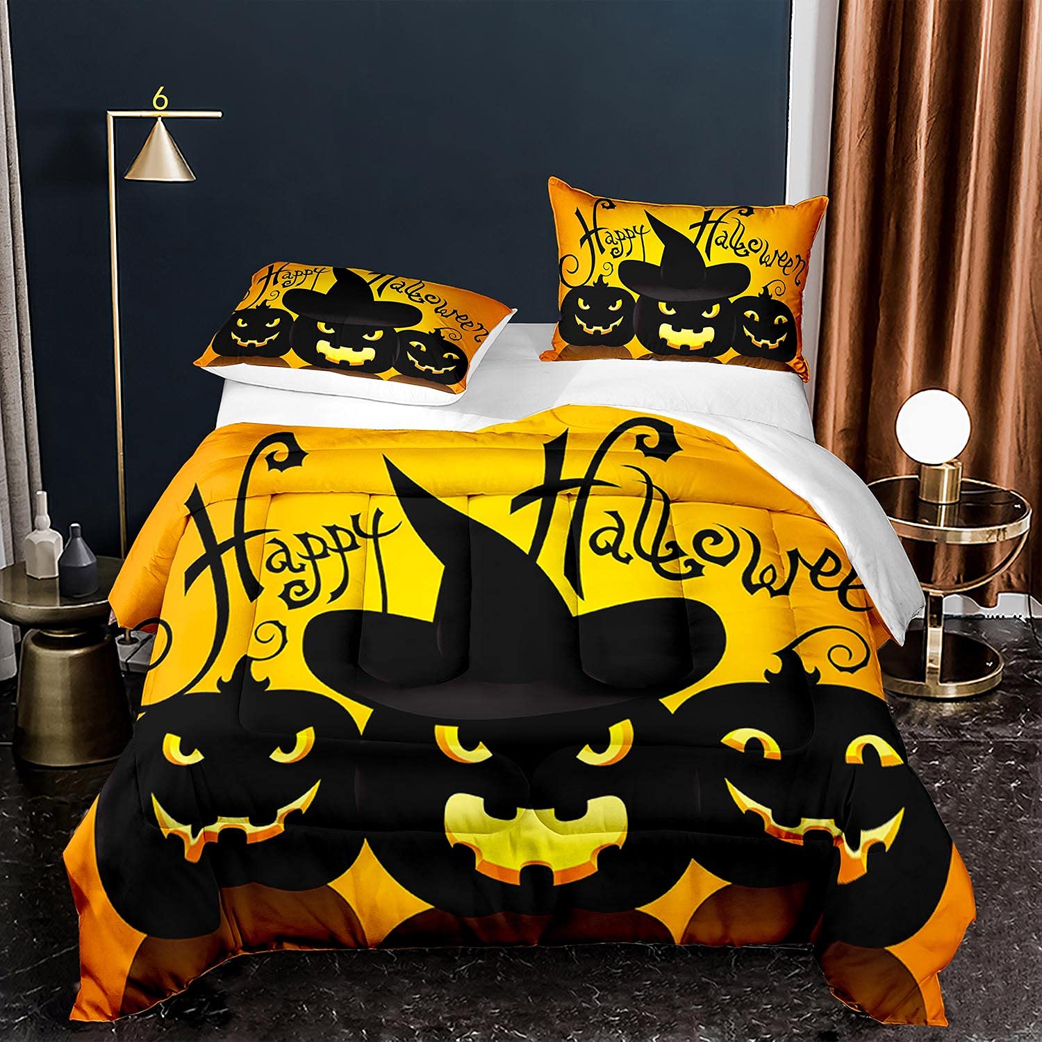 Happy Halloween Twin Size Comforter Set - Spooky Pumpkin & Lantern Design Lightweight Bedding for Kids & Teens - Includes 1 Comforter + 1 Pillow Sham - Perfect for Halloween Decor & Seasonal Bedroom Makeover