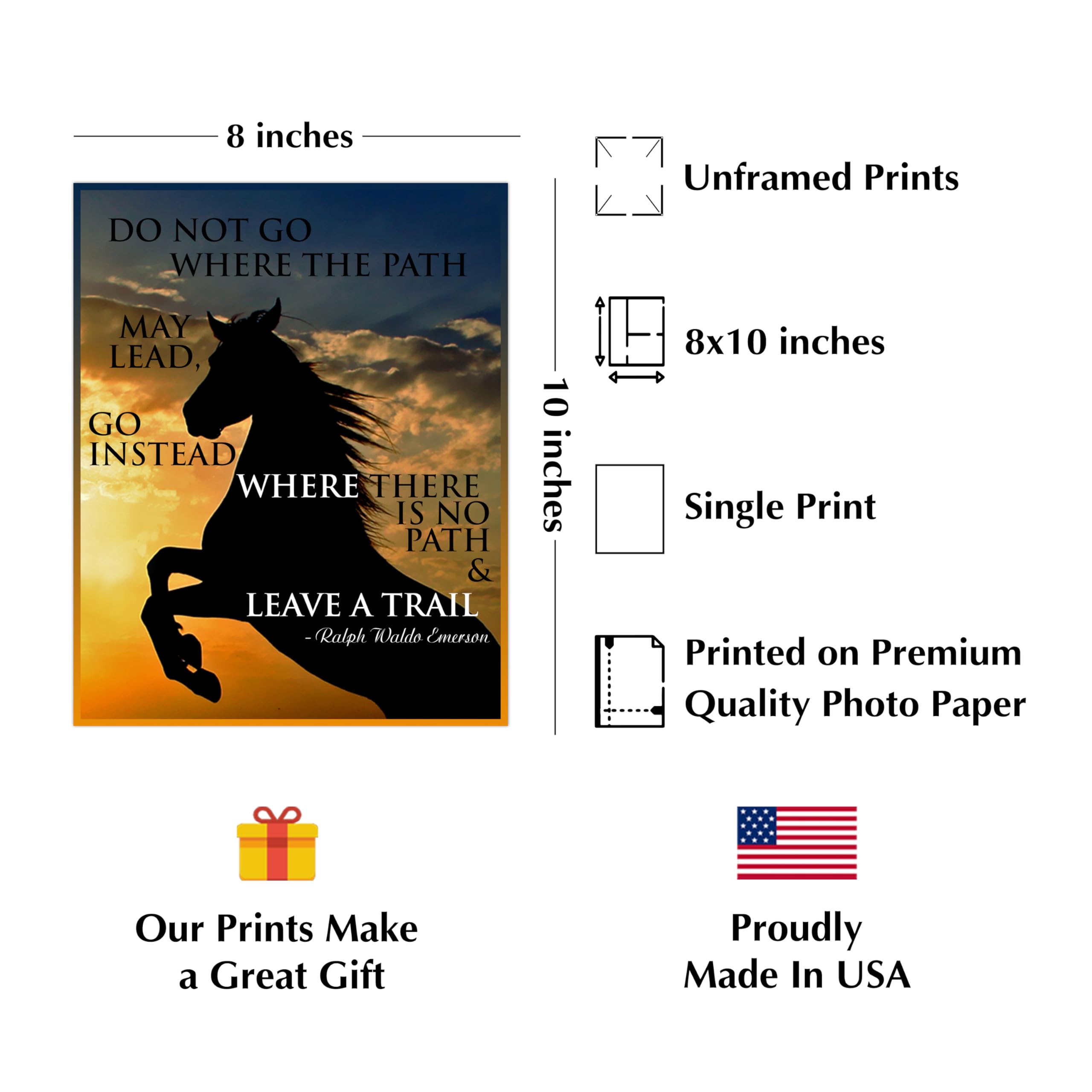 Ralph Waldo Emerson Horse Motivational Wall Art Print - Sunset Poetic Inspirational Decor for Living Room, Home, Office & Bedroom - Unframed 8x10 - Perfect for Gifts, Study Spaces & Meditation Rooms