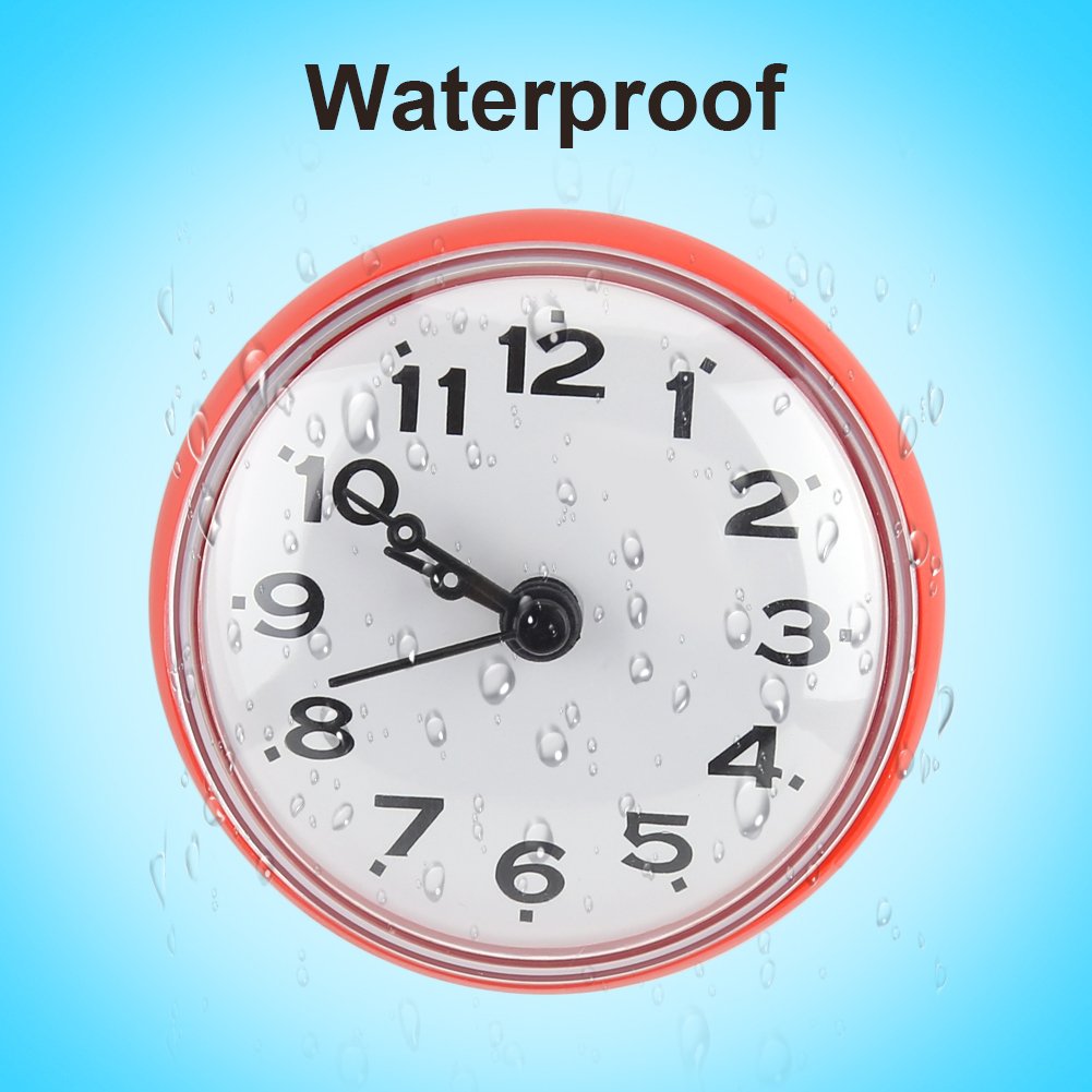 Keenso Waterproof Shower Clock with Suction Cup - Round Arabic Digital Dial Bathroom Clock for Shower, Kitchen & Bath Accessories (Red) - Perfect for Bath Time, Cooking Timer & Home Decor