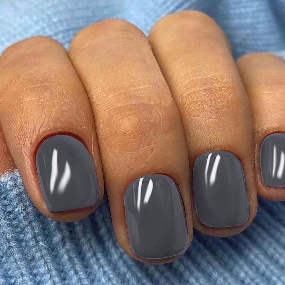 24Pcs Short Square Press on Nails - Glossy Grey Acrylic Fake Nails with Full Cover Design | Reusable Stick on Nails for Manicure, Wedding & Special Occasions | Perfect for Daily Wear, Parties & Nail Art