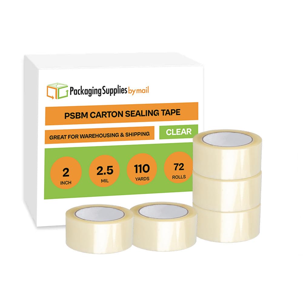 PSBM Heavy Duty Packing Tape 2 Inch x 110 Yards, 72 Rolls Clear Acrylic Adhesive Tape for Shipping Boxes, Moving, Storage & Packaging | Strong 2.5 Mil Waterproof Tape for Packing Supplies & Dispenser Refill | Ideal for Home Moving, Warehouse Shipping & E-commerce Packaging