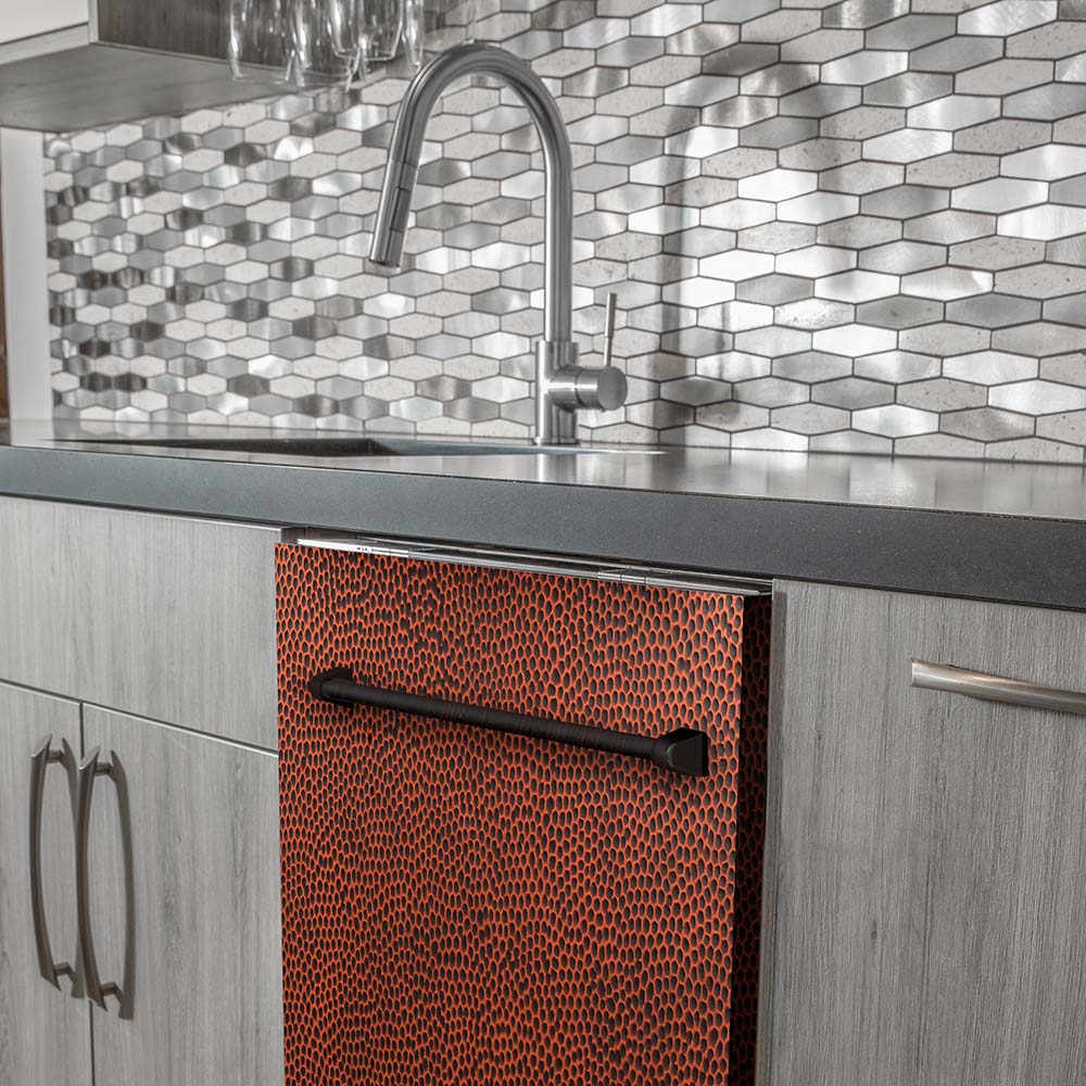ZLINE 24 Inch Stainless Steel Top Control Dishwasher with Hand Hammered Copper Panel - Traditional Style Handle, 52dBa Ultra Quiet - Perfect for Modern Kitchens & Open Concept Homes (Model DW HH H 24)