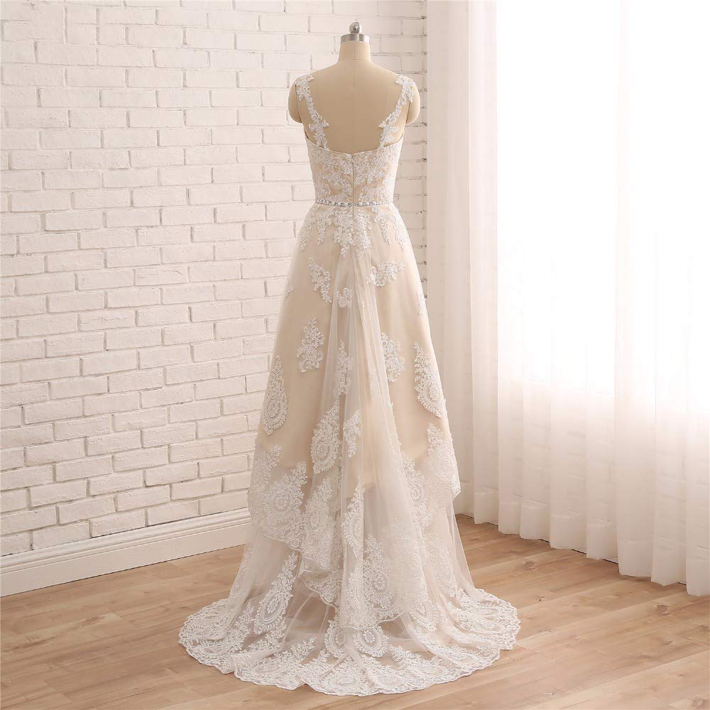 Elegant Detachable Lace Wedding Dress with Spaghetti Straps - High-Low Hem Bridal Gown for Beach, Garden & Outdoor Ceremonies | Tsbridal