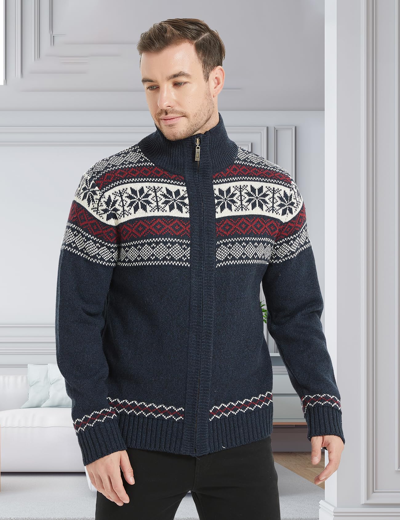Kedera Men's Stand Collar Cable Knit Cardigan Sweater - Thick Full Zip Patterned Pullover for Casual Wear & Winter Outfits