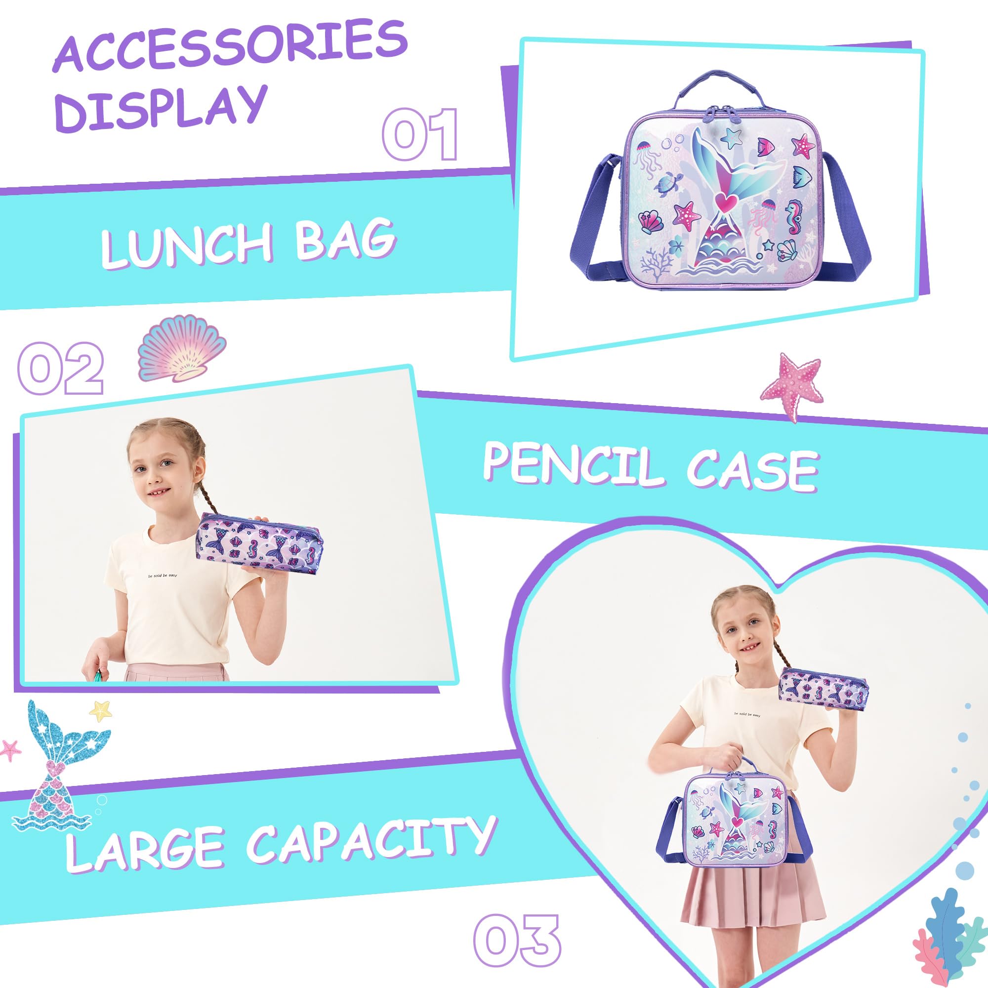Meetbelify Mermaid Rolling Backpack for Girls - 3-in-1 Wheeled School Backpack with Lunch Box, Kids Travel Luggage Suitcase for Elementary Students Ages 8-10 | Perfect for School, Travel & Daily Use