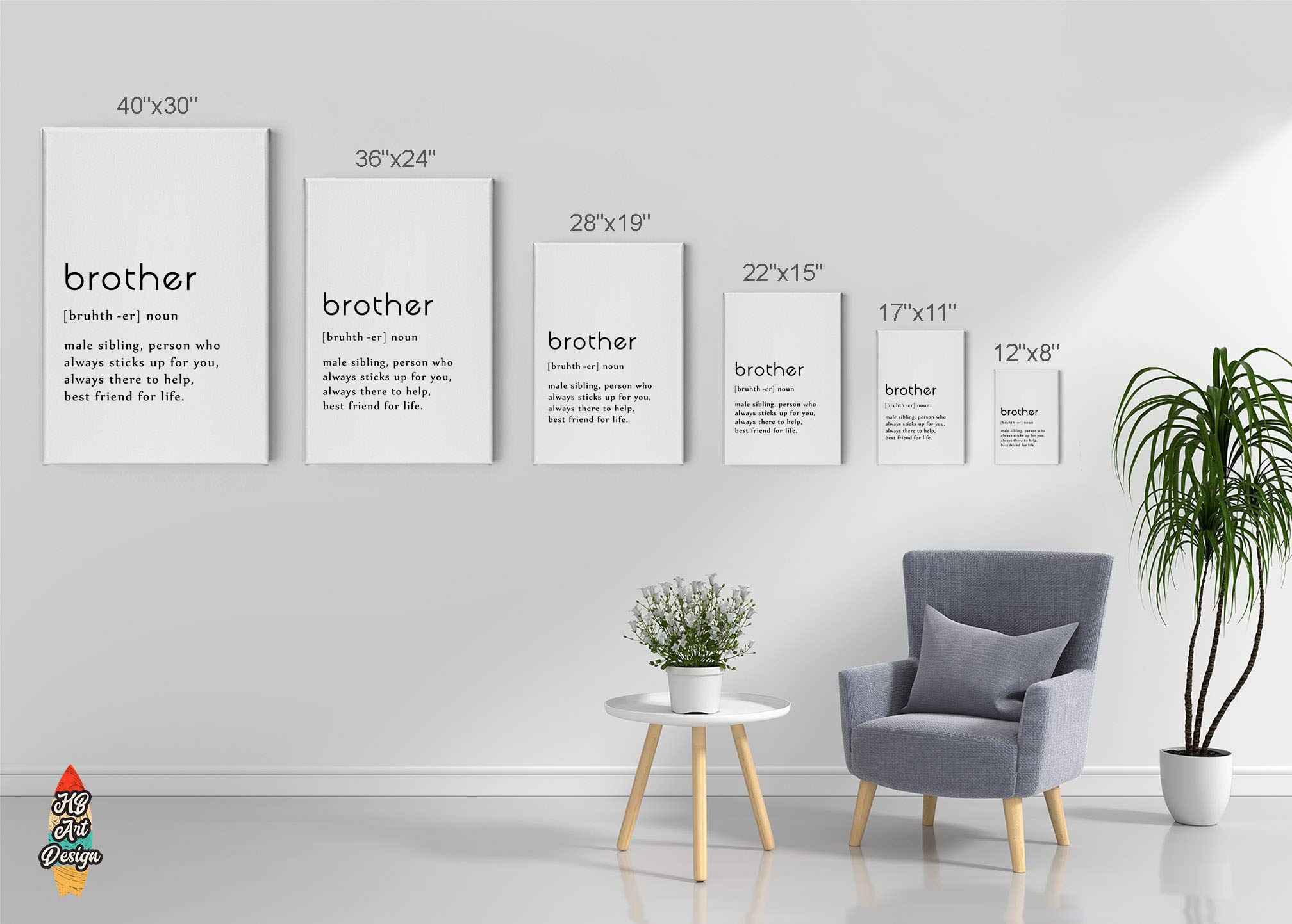 HB Art Design Noun Dictionary Brother Definition Canvas Print Wall Art - Funny Quote Sign for Office, Farmhouse, Bathroom, Kitchen, Bedroom & Living Room Decor - Ready to Hang 40x30 Inches - Perfect Gift for Siblings & Friends