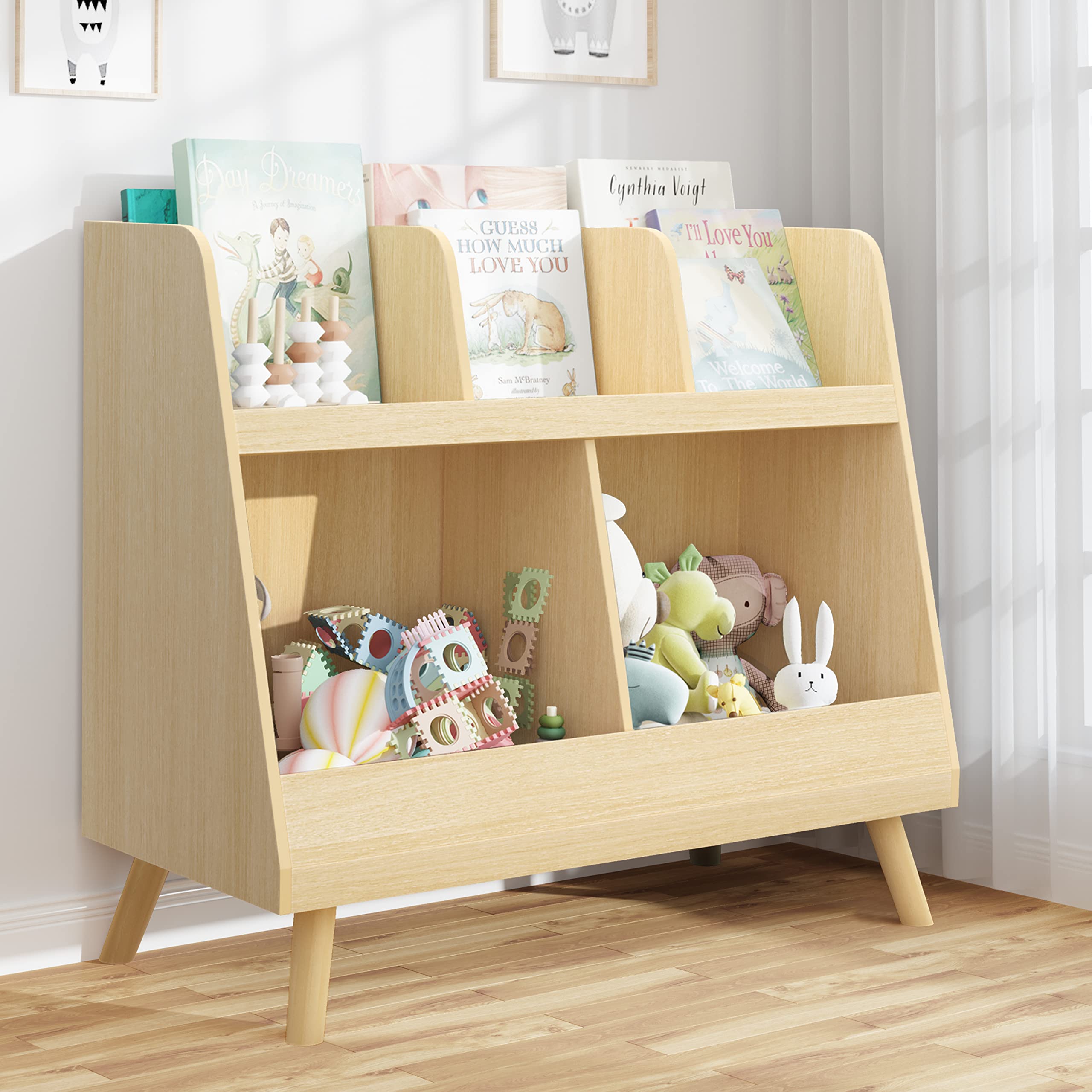Wooden Kids Bookshelf & Toy Organizer - 5 Cubbies, 2-Tier Baby Book Storage Display - Natural Wood Color - Perfect for Nursery, Playroom, Bedroom - Great Christmas & Birthday Gift for Toddlers