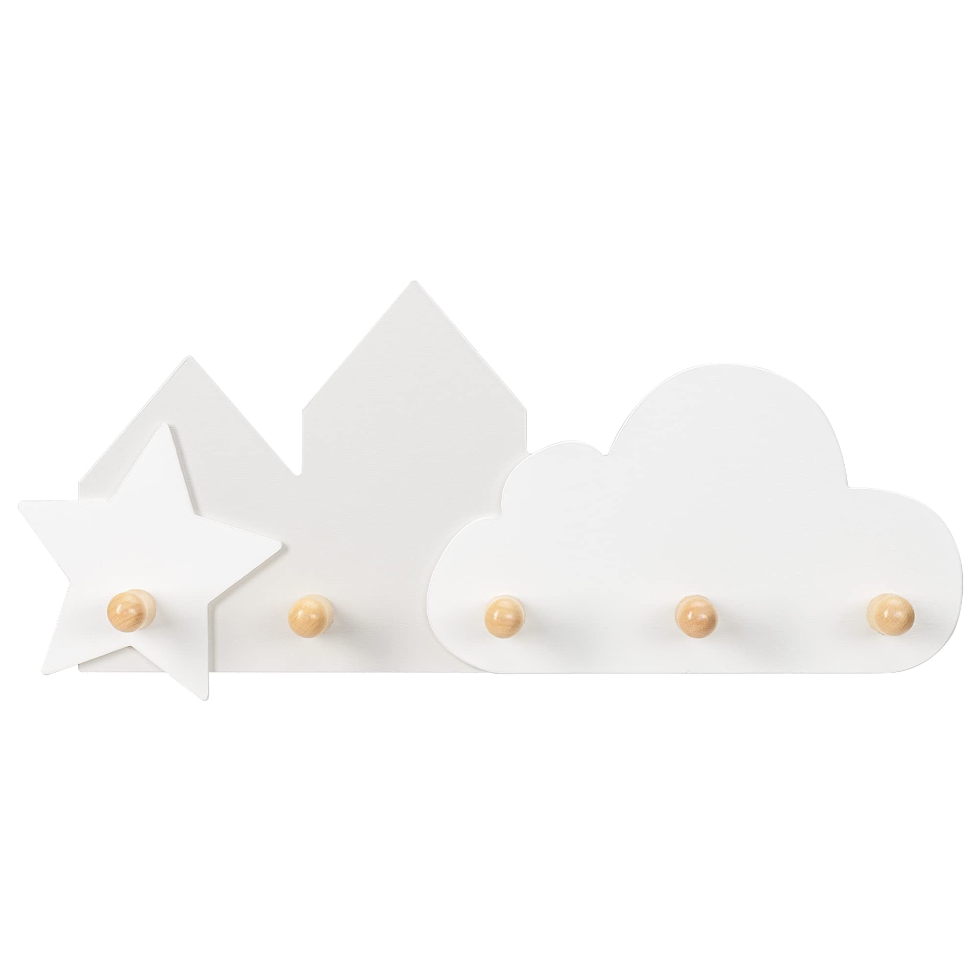 Navaris Kids Wall Mounted Coat Rooks - 5-Hook Wooden Coat Rack for Boys & Girls Bedroom, Nursery - Cloud & Star Design MDF Wall Decor - Perfect for Organizing Jackets, Hats & Backpacks in Children's Rooms