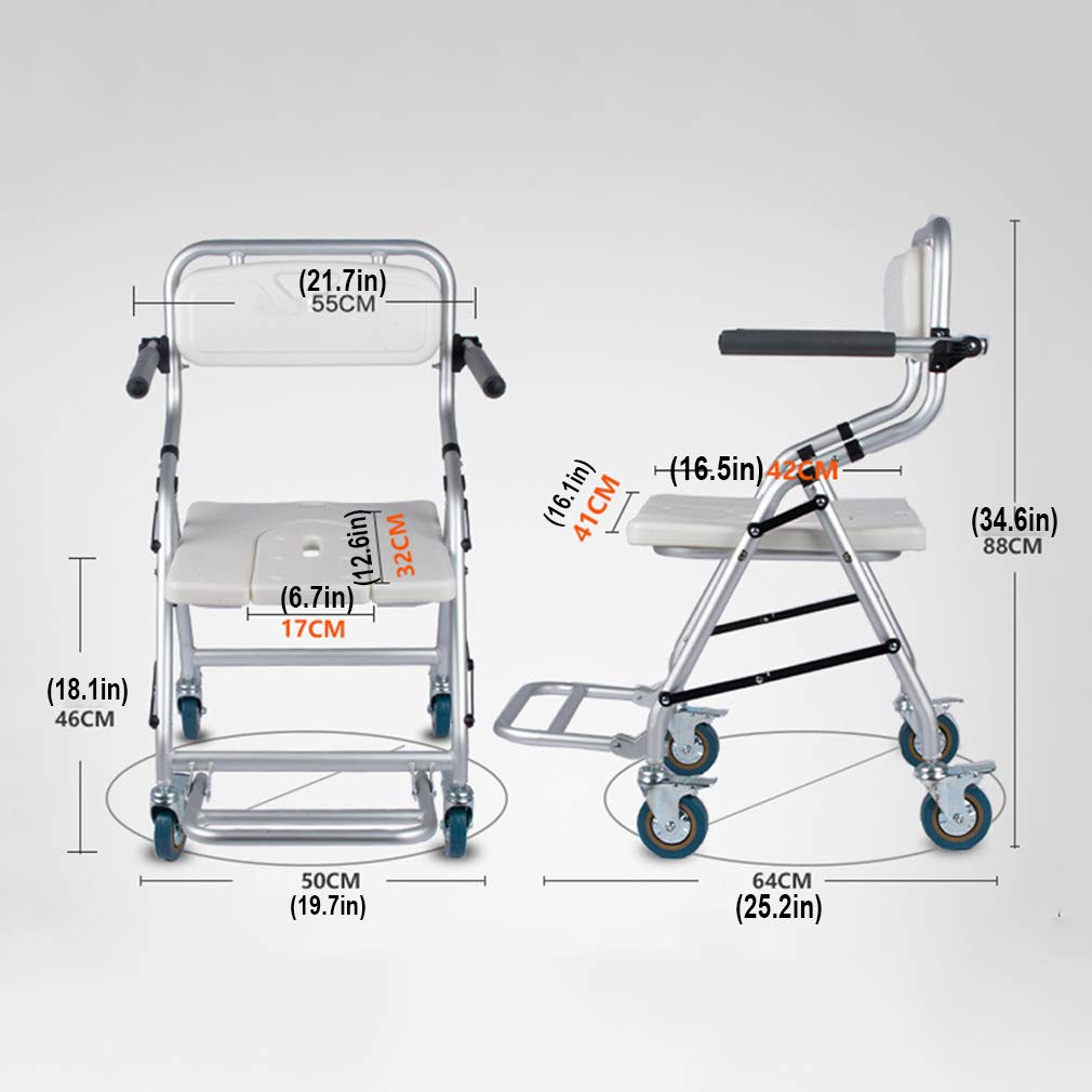 Foldable Mobile Shower Chair with 4-Wheel Brakes (360°) - Adjustable Height 46cm & Width 41cm - Wheelchair & Toilet Chair with Backrest for Elderly & Disabled - Safe Bathroom & Home Care Solution