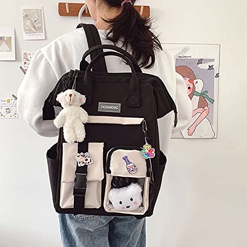 Cute Kawaii Backpack for Girls & Women - Bear Pin Accessories, Lightweight Laptop Bookbag for College & High School, Durable Black Backpack - Perfect for School, Travel & Everyday Use
