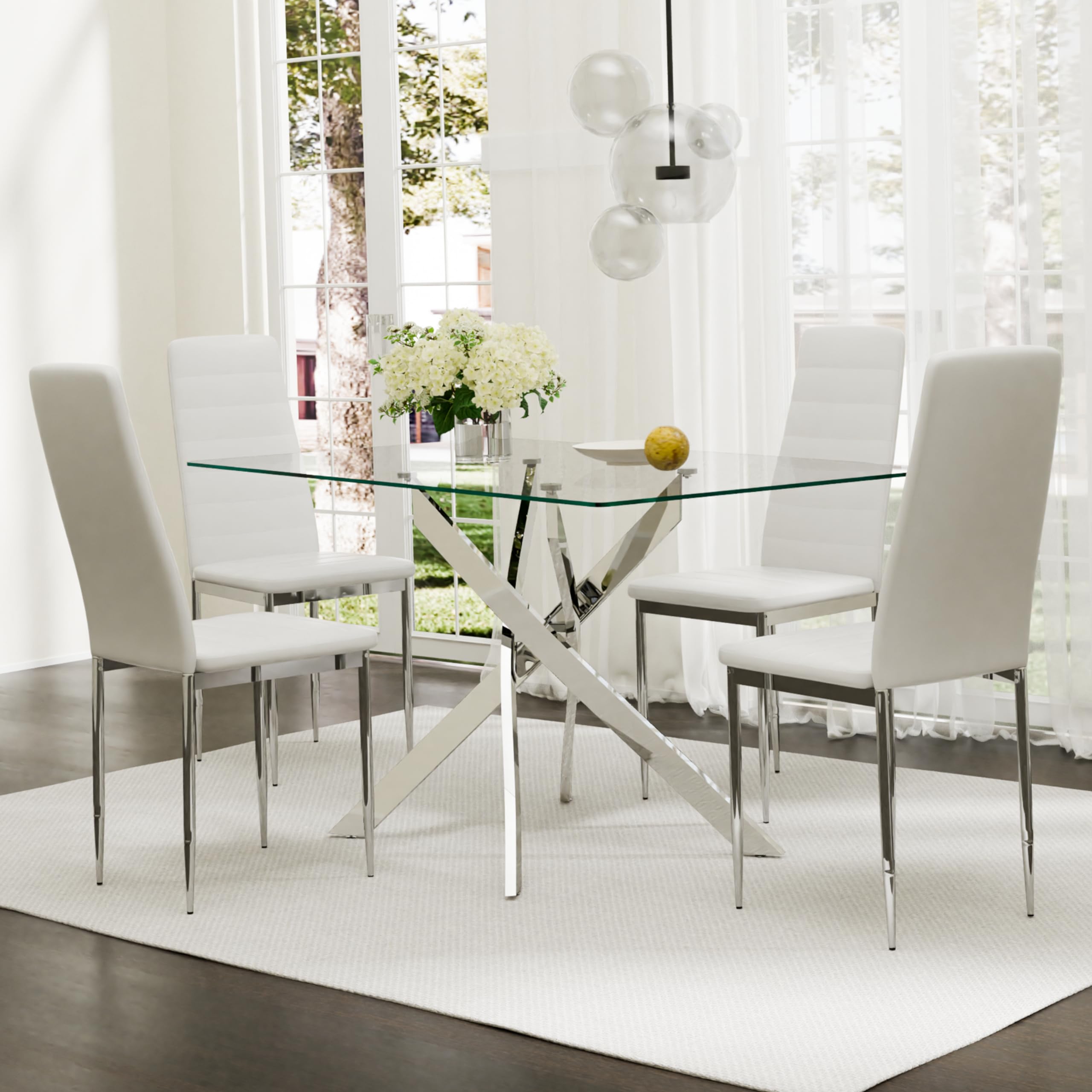 Modern 5-Piece Glass Dining Table Set for 4 - Rectangular Kitchen Table with 4 Chairs - Perfect for Small Spaces, Apartments & Cozy Dining Rooms - Ideal for Family Meals, Entertaining Guests & Everyday Use