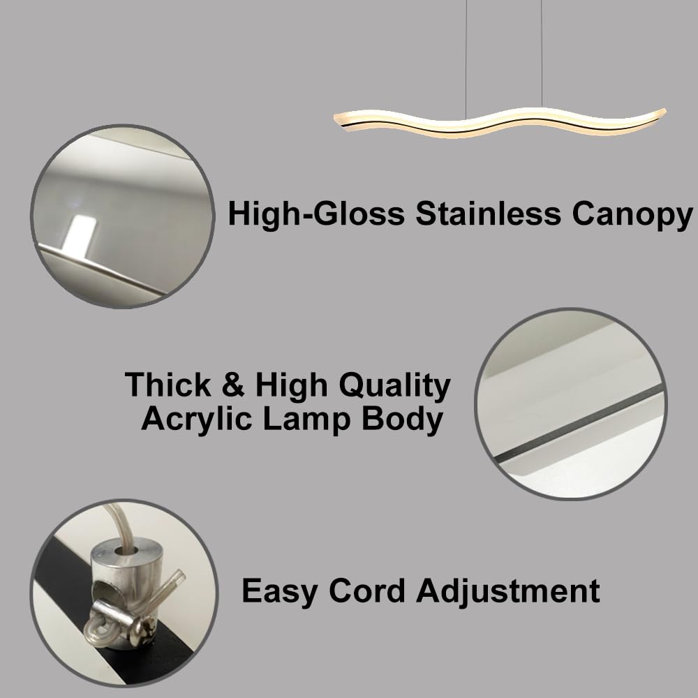 Modern LED Wave Pendant Light - Acrylic Linear Chandelier Ceiling Fixture for Kitchen Island, Dining Room & Living Room - White Light Source | Perfect for Contemporary Home Decor & Restaurant Lighting