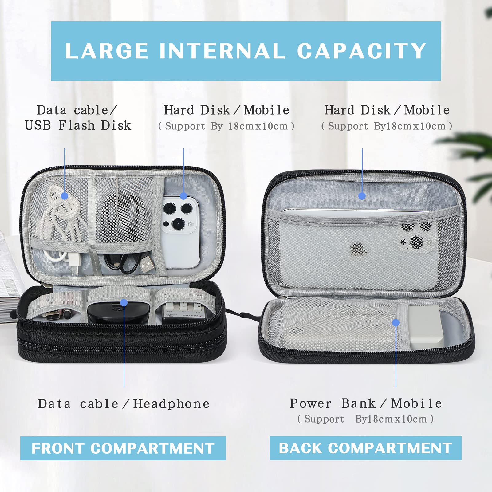 WWW Electronics Accessories Organizer - Waterproof Cable Storage Bag with Dual Layer Zipper for Chargers, Cords & Phones | Portable Travel Carry Pouch for Office, Home & Car Organization (Black)