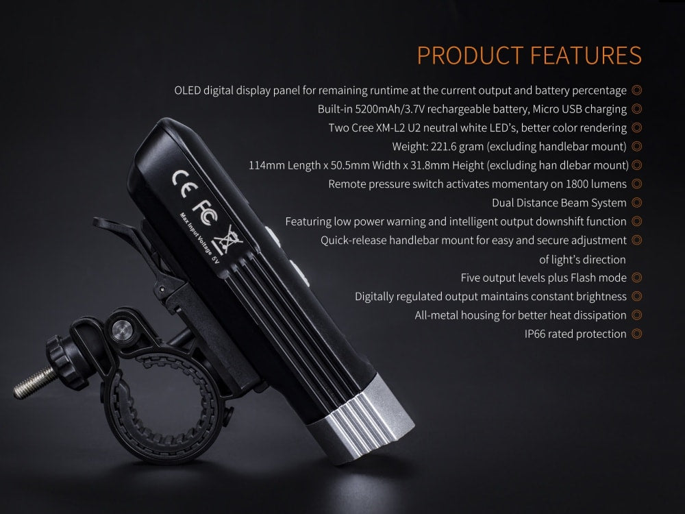 Fenix BC30R U2 Rechargeable LED Bike Light - High Brightness Bicycle Headlight for Night Riding, Commuting & Outdoor Adventures