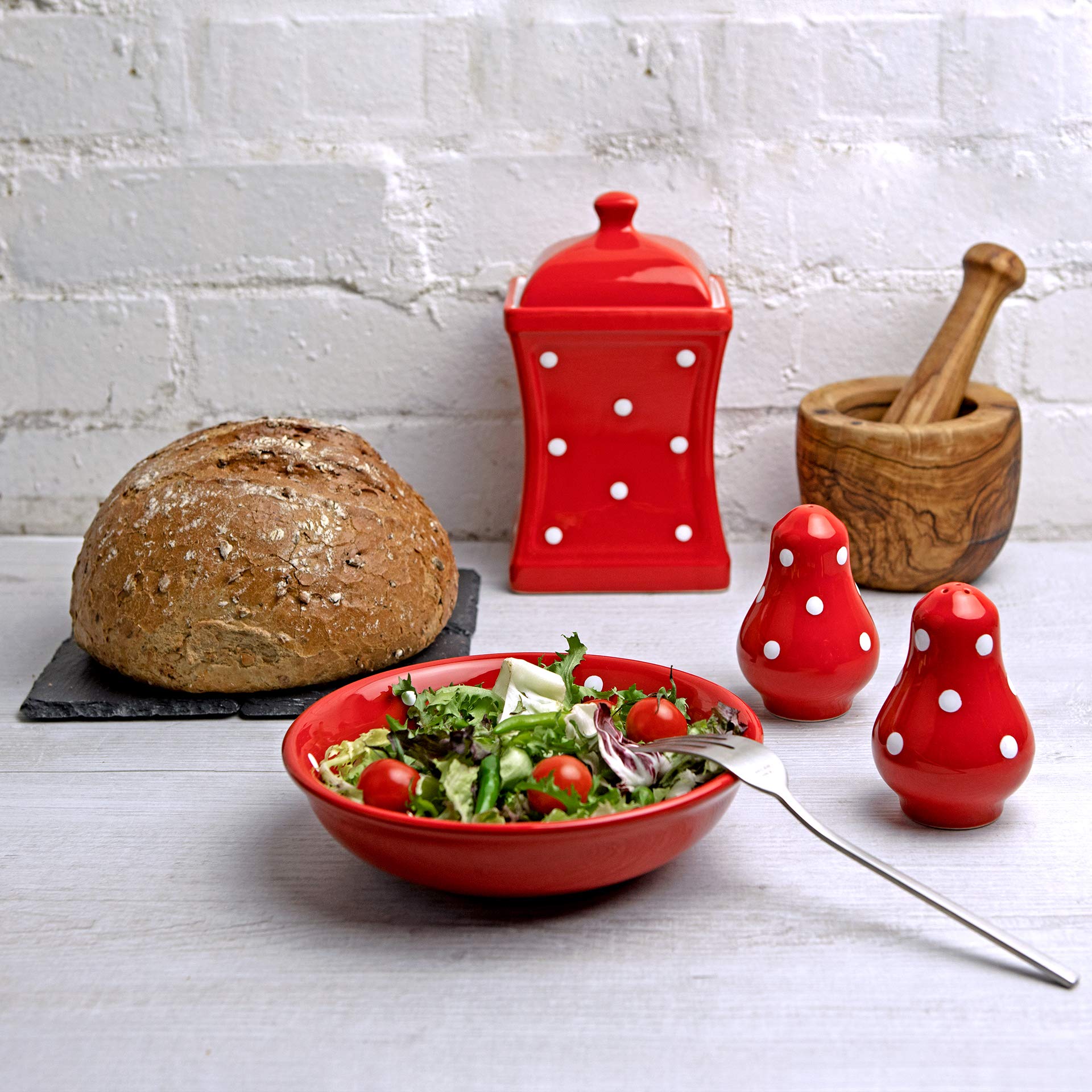 Handcrafted Red Polka Dot Ceramic Salt and Pepper Shakers Set - Farmhouse Kitchen Decor for Home, Restaurants & Weddings | Perfect for Dining Tables, Kitchen Countertops and Gift Giving