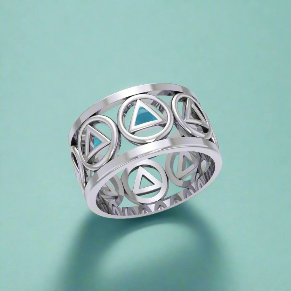 Recovery Silver Band Ring with Stone Inlay TRI2400 - Elegant Jewelry for Men & Women - Perfect for Healing, Meditation & Spiritual Gifts