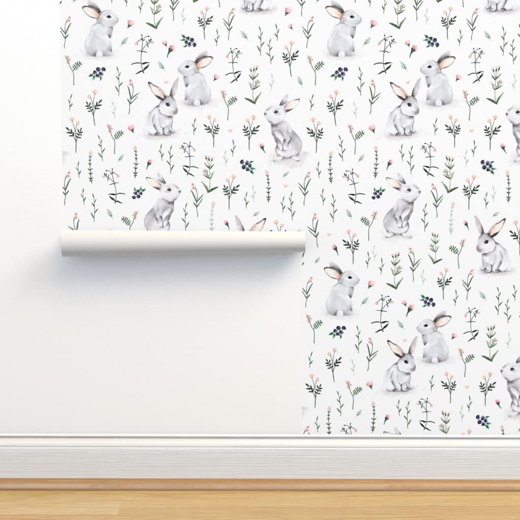Peel & Stick Wallpaper Swatch - Watercolor Bunnies & Floral Design | Removable Custom Wallpaper for Easter, Spring Nursery & Baby Room Decor | Spoonflower