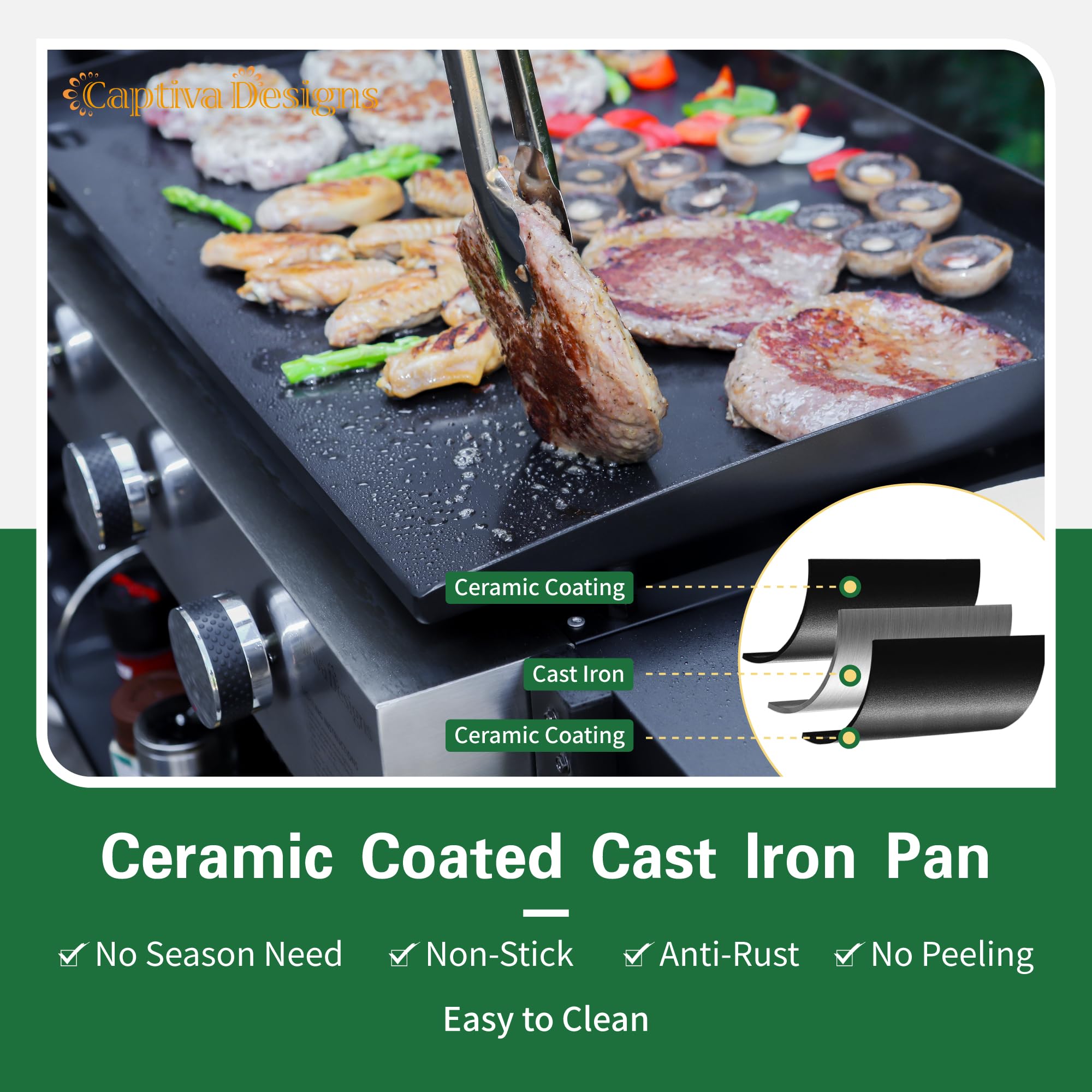 Captiva Designs 22 Inch Flat Top Grill with Ceramic Coated Cast Iron Pan - Portable Tabletop Propane Gas Griddle for Camping, Tailgating, Backyard BBQ & Outdoor Cooking - 24,000 BTU 3-Burner Gas Grill for Patio, Picnics & RV Trips