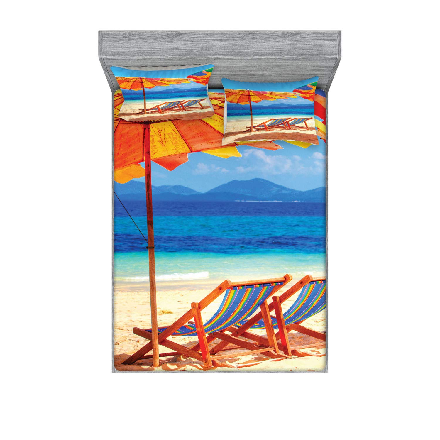 Ambesonne Seaside Fitted Sheet & Pillow Sham Set - Tropical Thailand Beach Deck Chairs Print, 3-Piece King Size Bedding Set in Orange & Blue | Perfect for Coastal Themed Bedrooms, Vacation Homes & Beach House Decor