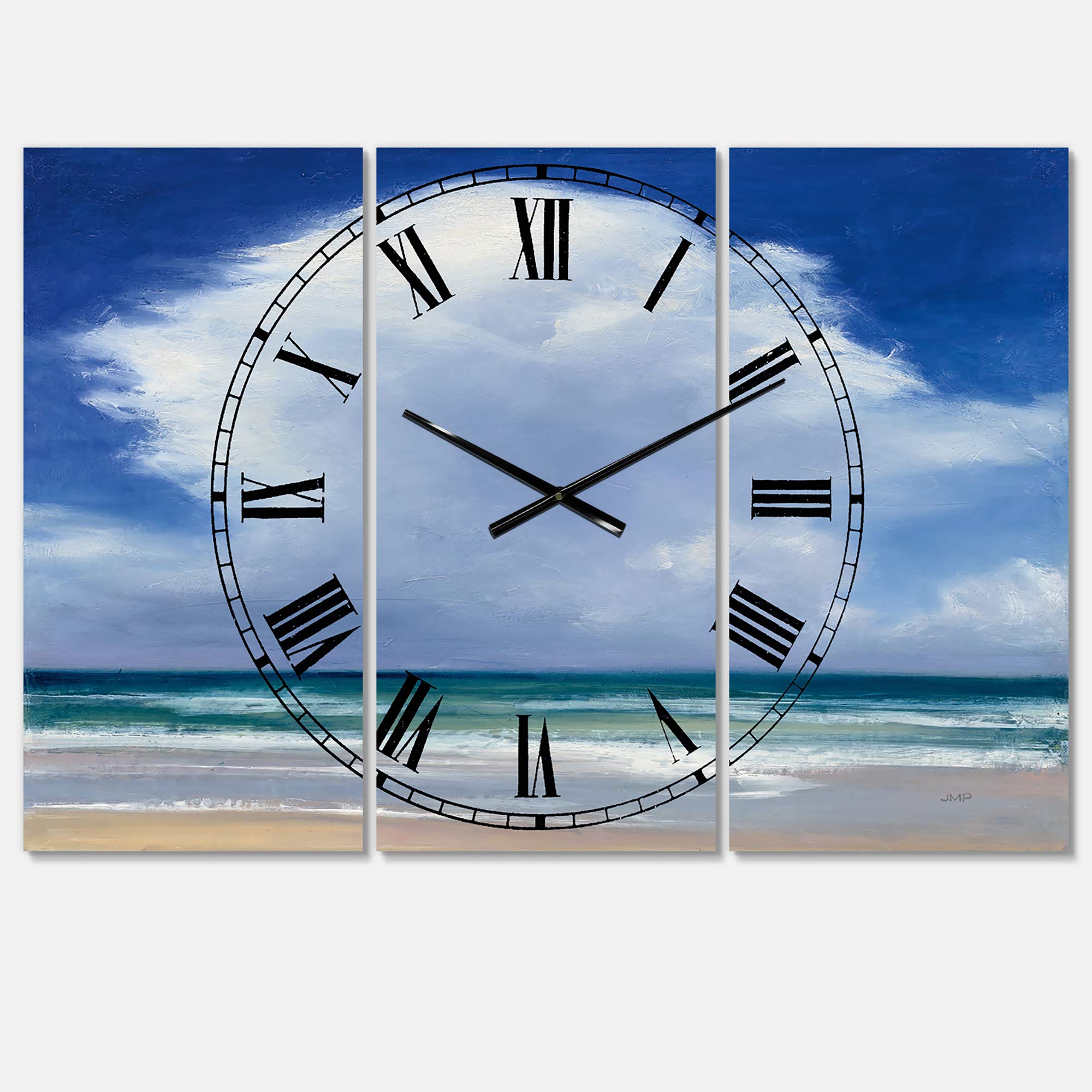 Designart Beach Clouds II Traditional 3-Panel Wall Clock - Metal Wall Art Decor for Living Room, Bedroom & Office | Coastal Home Decor | Perfect for Beach House & Modern Interior Design