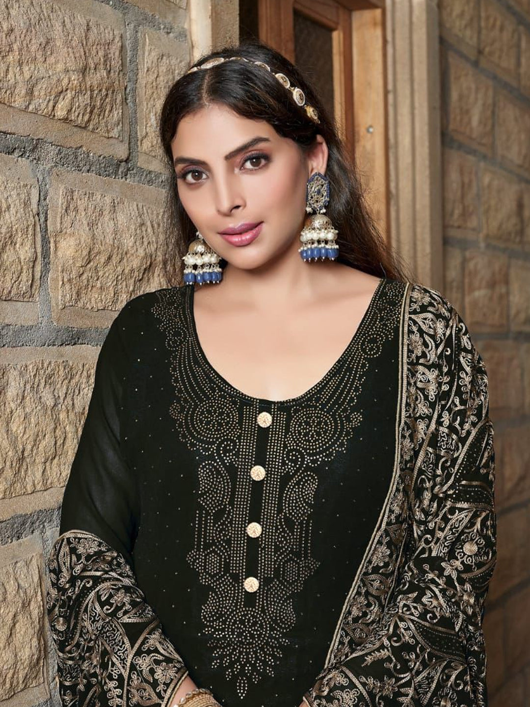 Elegant Black Georgette Palazzo Suit with Embroidery & Diamond Work - Semi Stitched Designer Outfit for Women | Perfect for Weddings, Parties & Special Occasions
