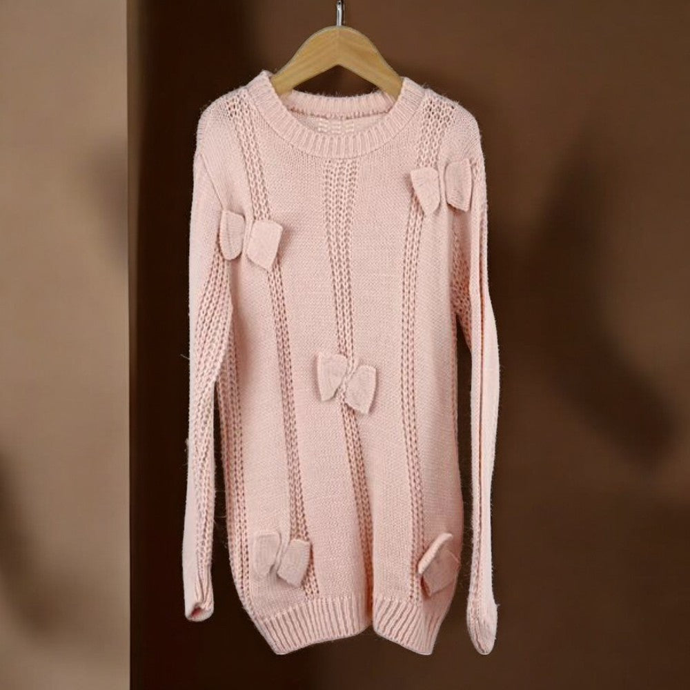 Coquette Bow Knitted Sweater Pink - Women's Elegant Winter Pullover for Casual Outings & Date Nights