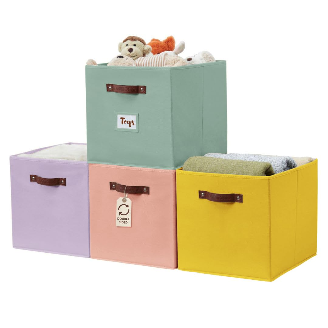 DECOMOMO 13x15x13 Inch Storage Baskets with Labels - 4 Pack Rainbow Cube Bins for Kallax Shelves, Closet & Toy Organization - Perfect for Home, Office & Kids Room Storage Solutions
