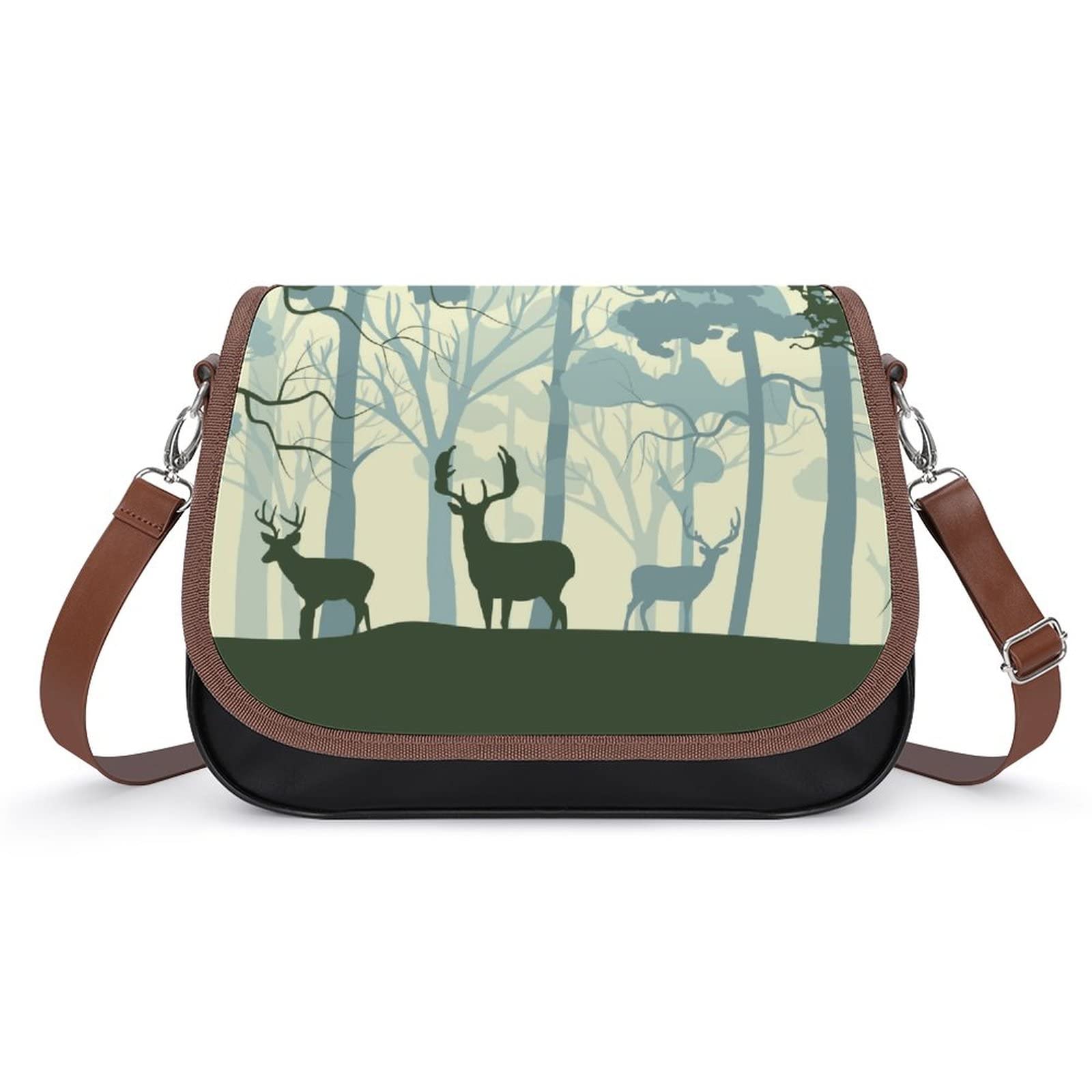 Stylish Women's Crossbody Leather Satchel Bag - Printed Forest Deer Silhouette Design for Casual Everyday Use | Perfect Shoulder Messenger Purse for Work, Travel & Shopping