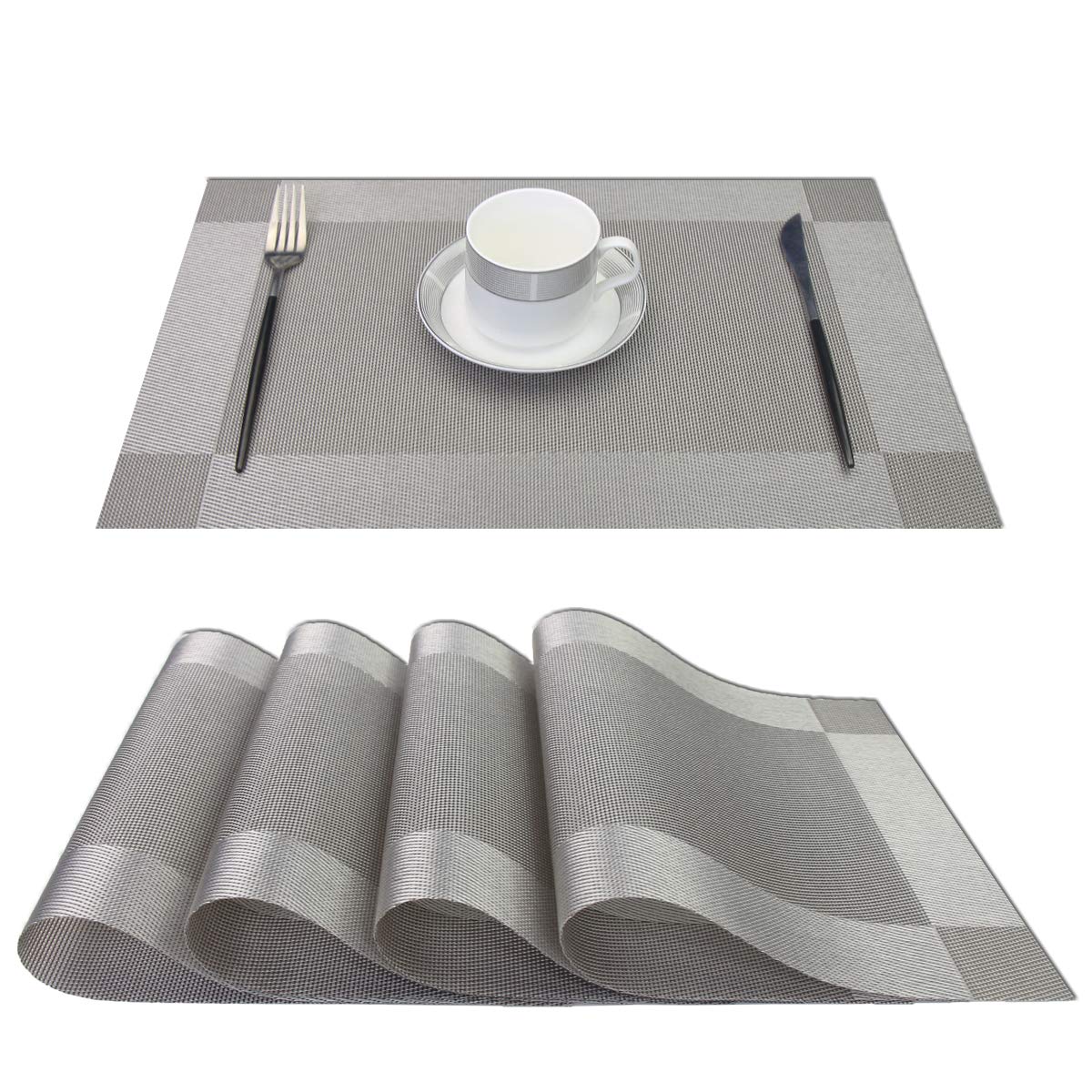 PIGCHCY Heat-Resistant Non-Slip Vinyl Placemats Set of 4 - Washable & Easy to Clean Woven Table Mats for Dining Room, Kitchen, and Outdoor Use (Grey Silver)