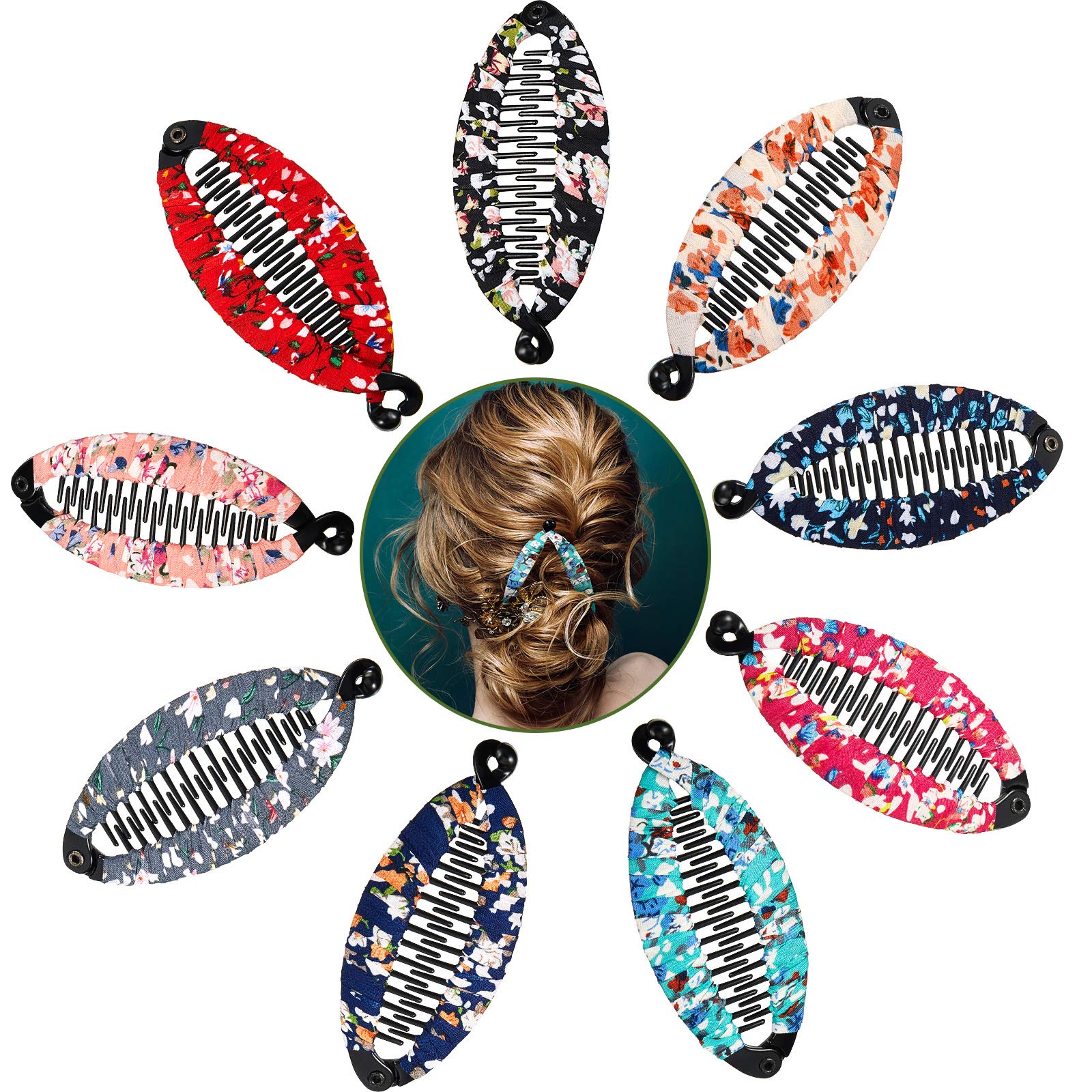 9-Piece Bohemian Floral Banana Hair Clips for Women & Girls - Fish Shape Hair Claws with Wrapped Fabric - 4.3 x 2 Inch Hair Accessories for Party, Wedding, and Everyday Style