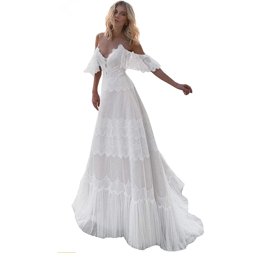 Elegant Lace V-Neck Wedding Dress with Ruffle Sleeves - Boho Chic Beach Wedding Gown for Outdoor Ceremonies & Romantic Evening Events