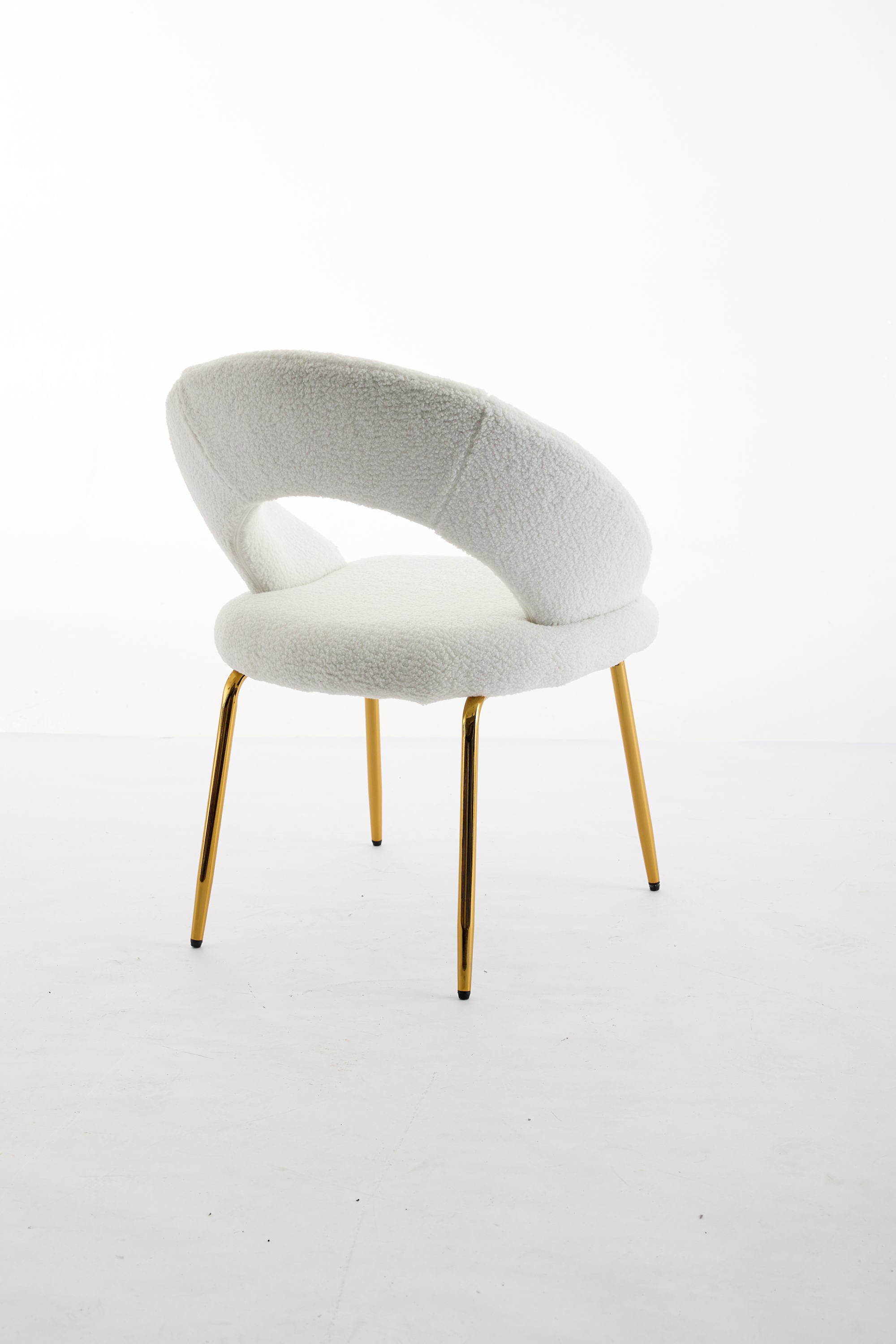 061 Set of 1 White Teddy Fabric Dining Chairs with Curved Backrest and Golden Metal Legs - Elegant Kitchen & Dining Room Seating for Home, Restaurant, or Cafe Use