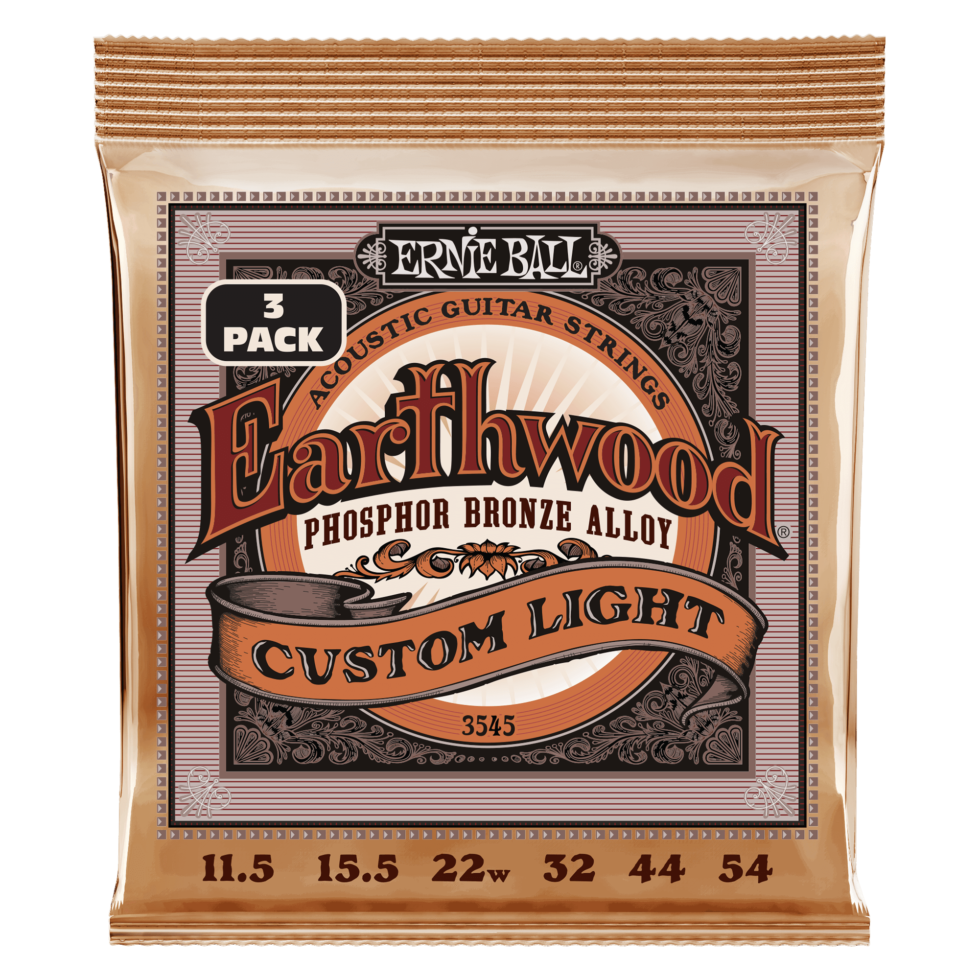Ernie Ball Earthwood Custom Light Phosphor Bronze Acoustic Guitar Strings (3-Pack) - 11.5-54 Gauge for Warm, Balanced Tone - Perfect for Folk, Country & Fingerstyle Playing