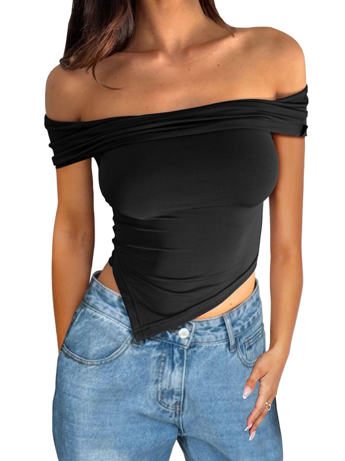 Off Shoulder Tops for Women - Asymmetrical Short Sleeve Crop Top Shirts | Y2K Summer 2025 Fashion | Cute Slim Fit Going Out Clothes | Perfect for Beach Parties, Music Festivals & Night Out