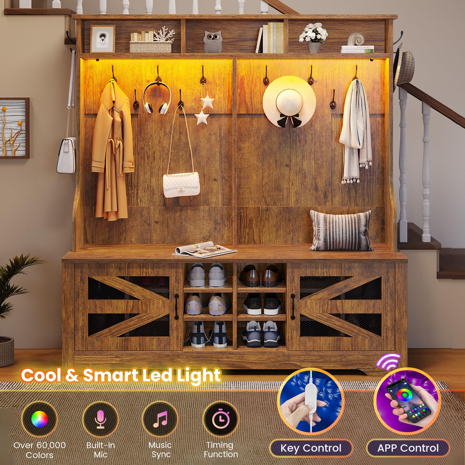 Itaar 5-in-1 Hall Tree with Bench, Shoe Storage & Coat Rack - 16 Shoe Cubbies, 12 Coat Hooks, Barn Door & Adjustable Shelf - Rustic Brown Entryway Organizer for Mudroom, Foyer or Home Decor