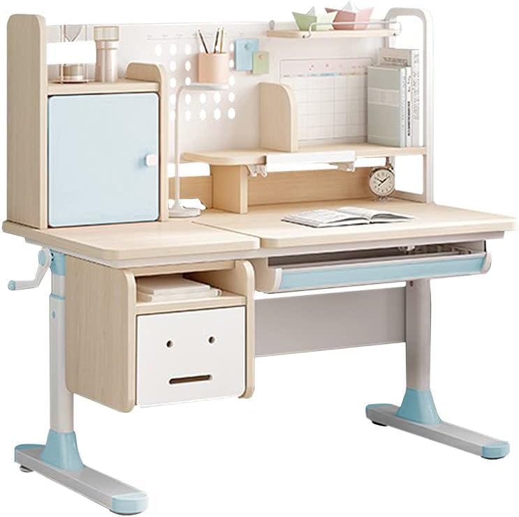 FCD Kids Desk - Adjustable Wooden Study Desk with Tilt Top, Tablet Holder & Storage | Ergonomic Student Desk for Home, School & Office | Blue Multi-Functional Workstation with Bookshelf & Drawers