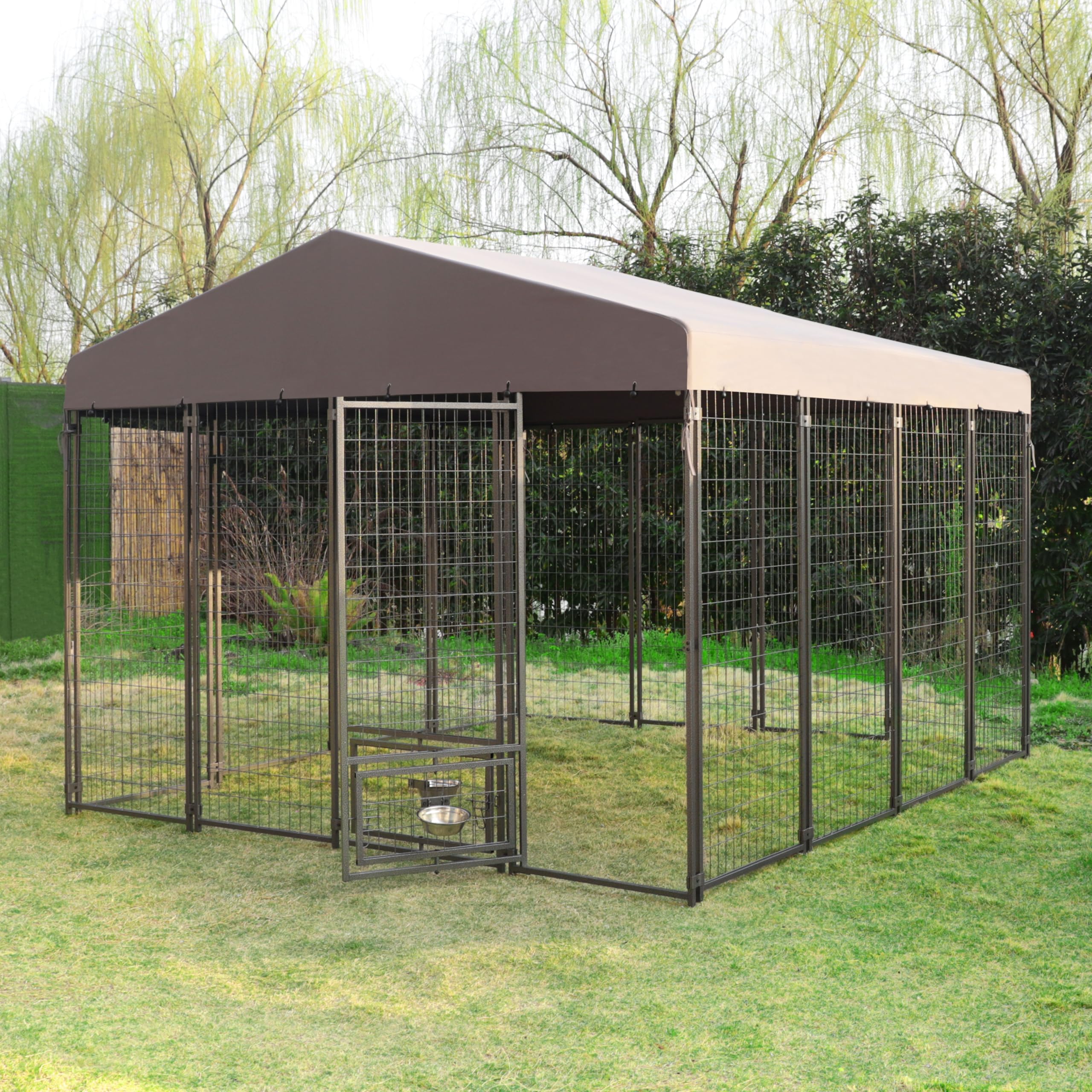 VEIKOU 10'x10' Heavy Duty Outdoor Dog Kennel - Large Metal Dog Cage with Upgraded Canopy, Rotating Feeding Doors & Powder Coated Steel Frame - Includes 2 Bowls - Perfect for Backyard, Patio, or Kennel Use