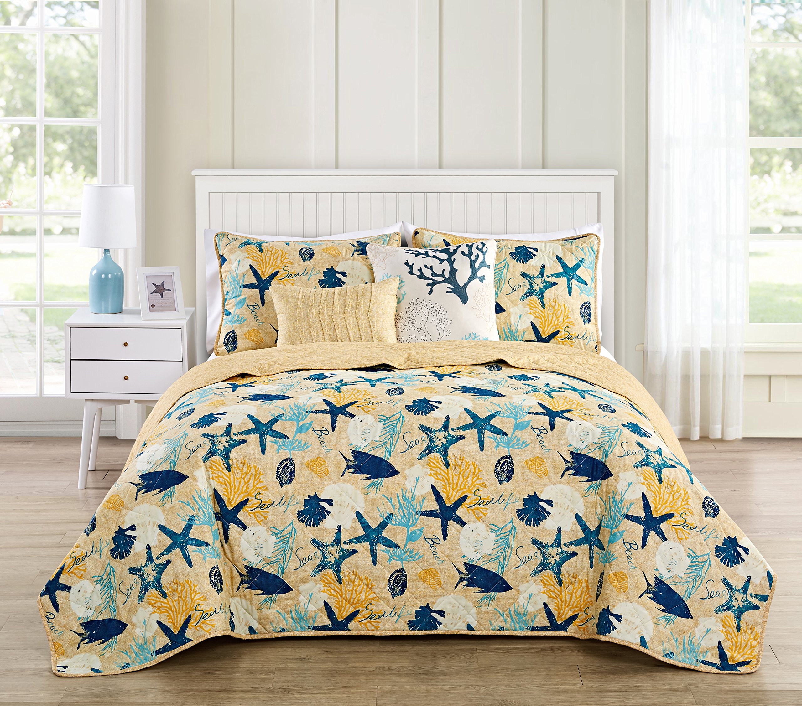 VCNY Home Aquatic 5-Piece Reversible Comforter Set King Size - Blue Ocean Wave Design | Soft Bedding for Master Bedroom, Guest Room & Coastal Decor