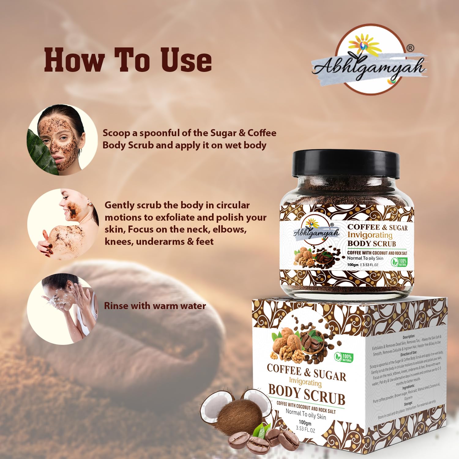 Abhigamyah Coffee & Sugar Body Scrub - Exfoliating Face & Body Scrub with Walnut Shell for Tan Removal - 8oz (Pack of 1) - Perfect for Spa Day & Post-Sun Care