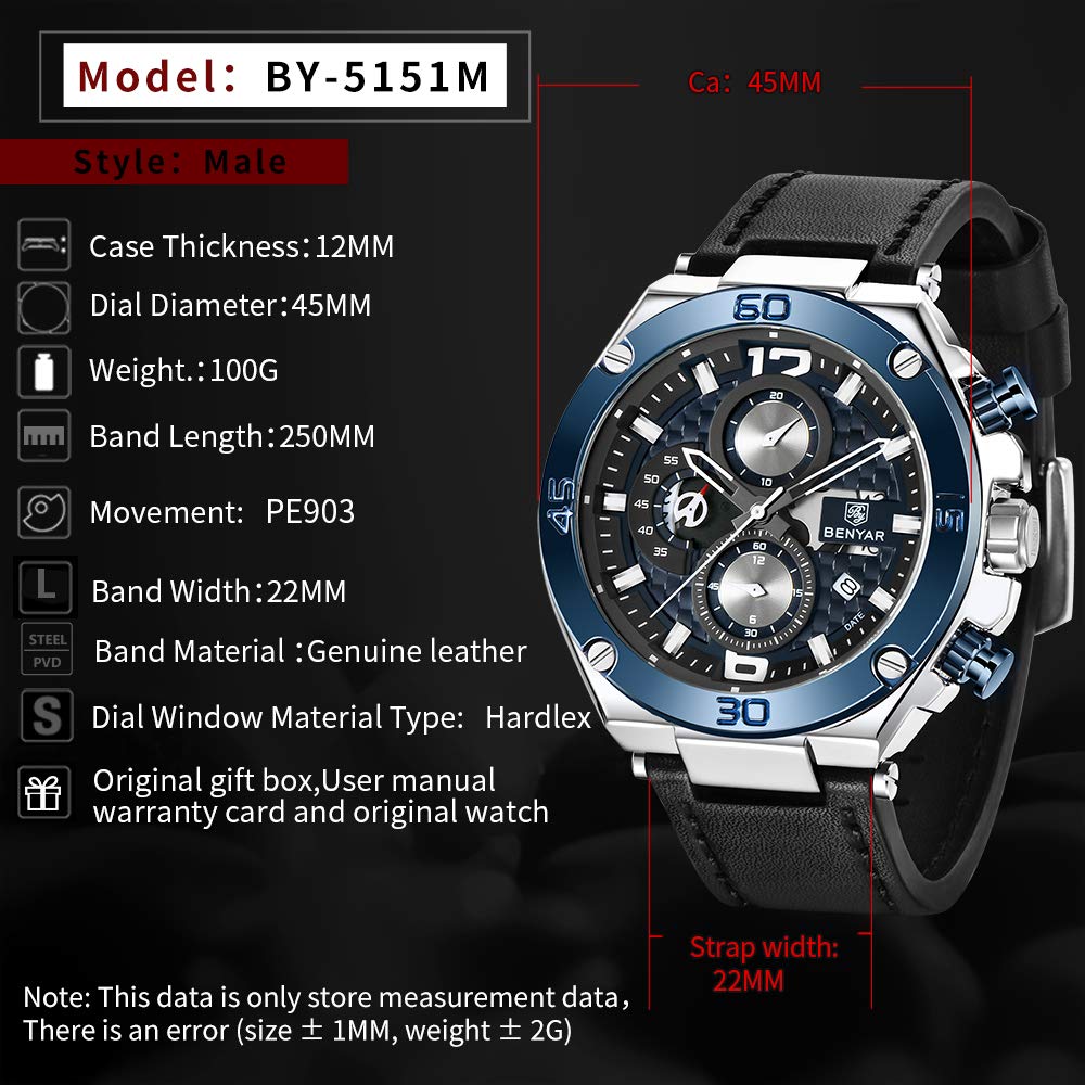 BENYAR Men's Chronograph Date Waterproof Sports Watch - Leather Strap Business Wristwatch for Office, Outdoor & Casual Wear