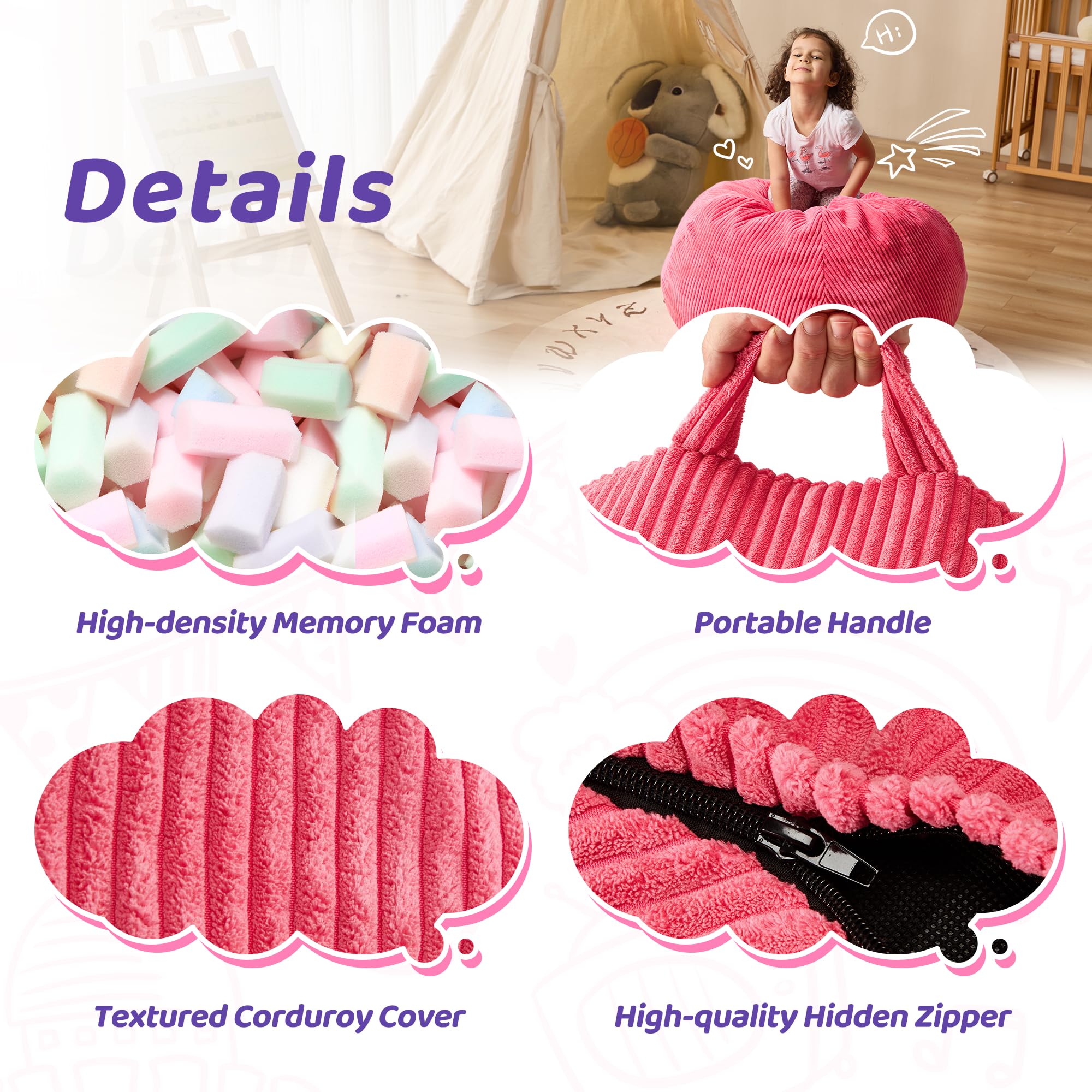 **Teardrop Bean Bag Chair with Memory Foam Filling - Machine Washable Cover - Small Pink Beanbag for Living Room, Bedroom & Kids' Playroom - Cozy Seating for Relaxation, Reading & Gaming**