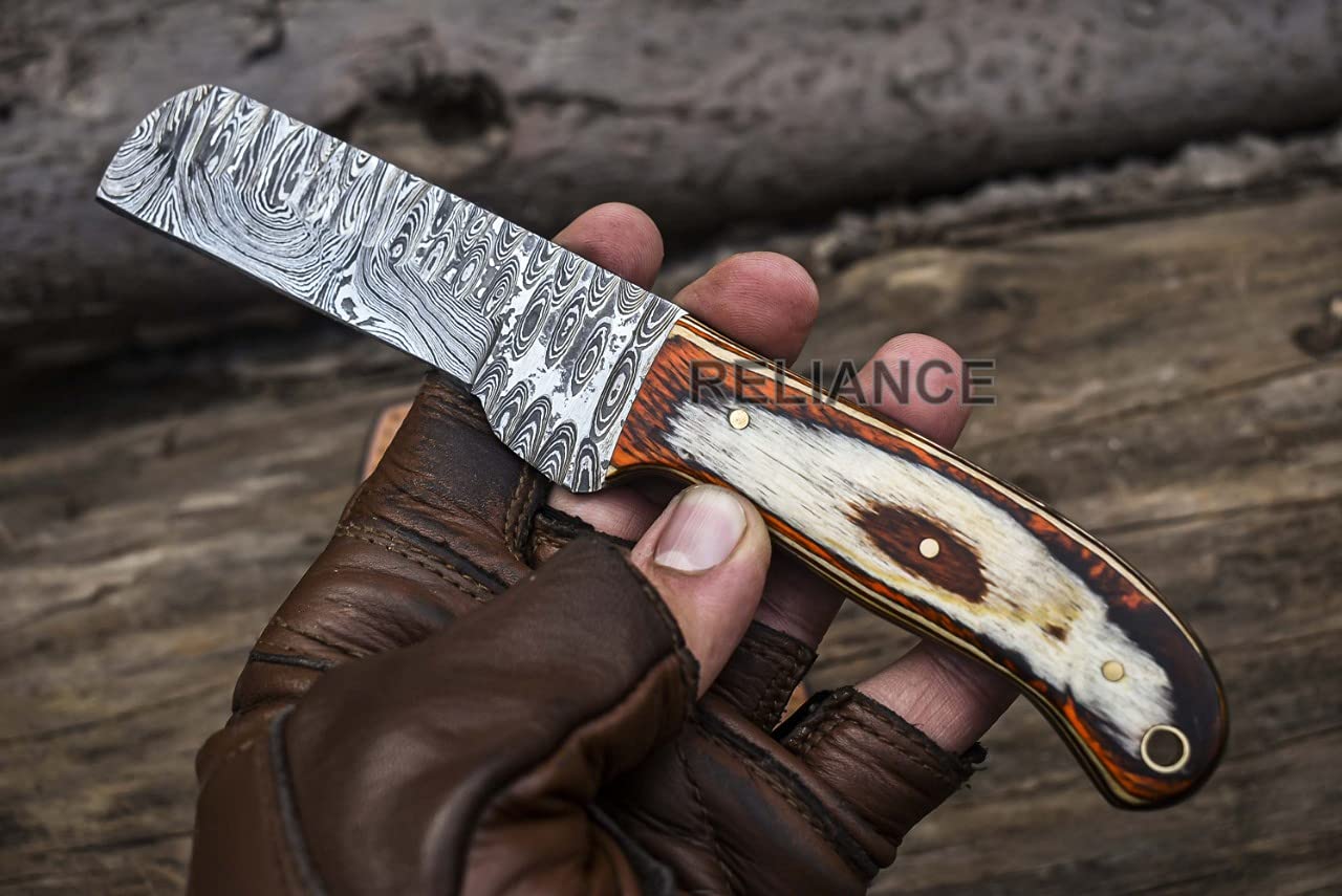 Premium Wanowa Cowboy Bull Cutter Knife - Hand Forged Damascus Steel EDC Pocket Knife with Leather Sheath - Perfect for Hunting, Camping & Outdoor Adventures