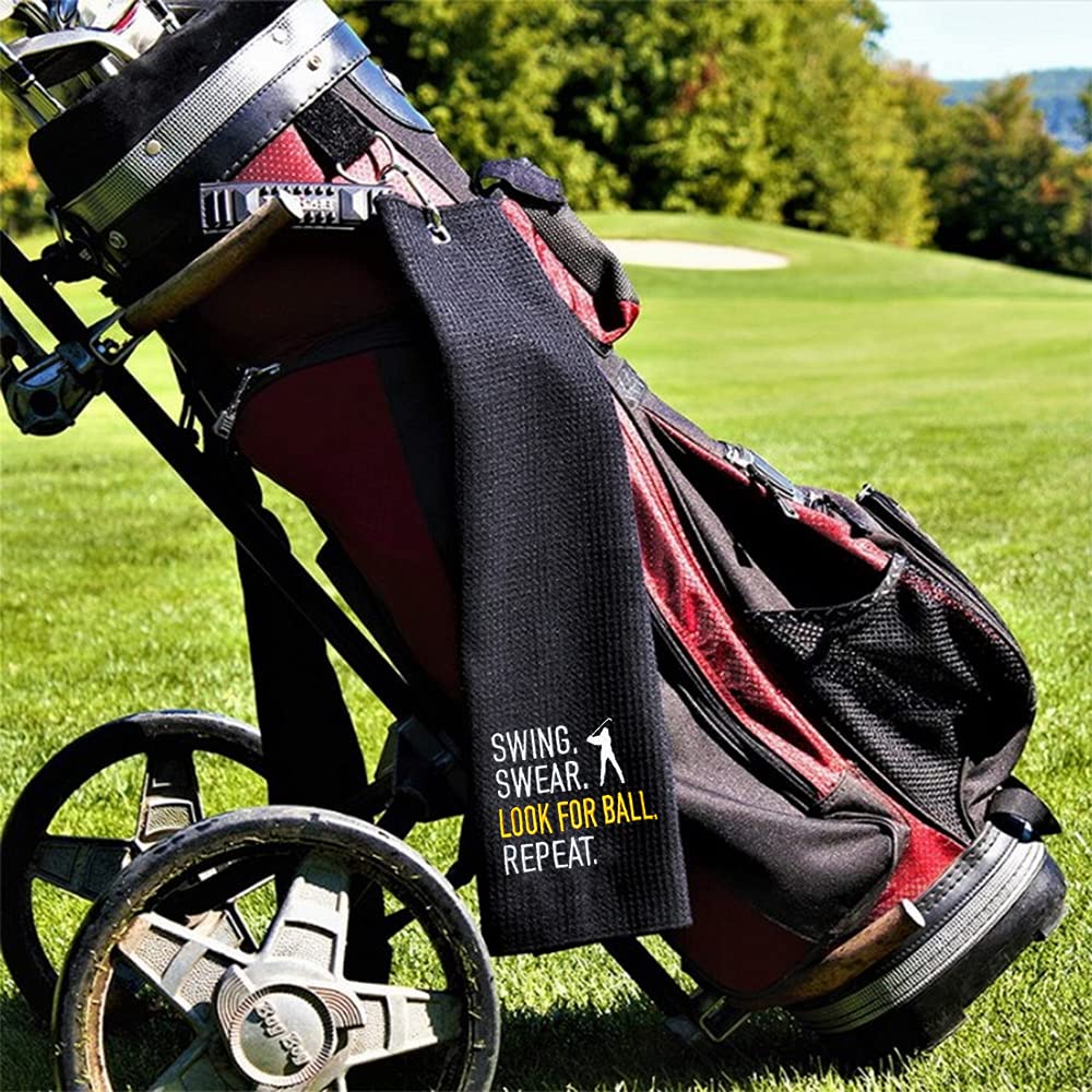 Premium Embroidered Golf Towel with Clip - Absorbent & Durable for Wiping Golf Clubs - Ideal Golf Accessories for Men (Black) - Perfect for Practice, Tournaments & On-Course Use