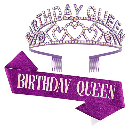 COCIDE Purple Birthday Sash & Rhinestone Tiara Set for Women & Girls - Sparkling Crystal Crown, Headband & Hair Accessories - Perfect for Birthday Parties, Cake Toppers, Bridal Showers & Special Occasions