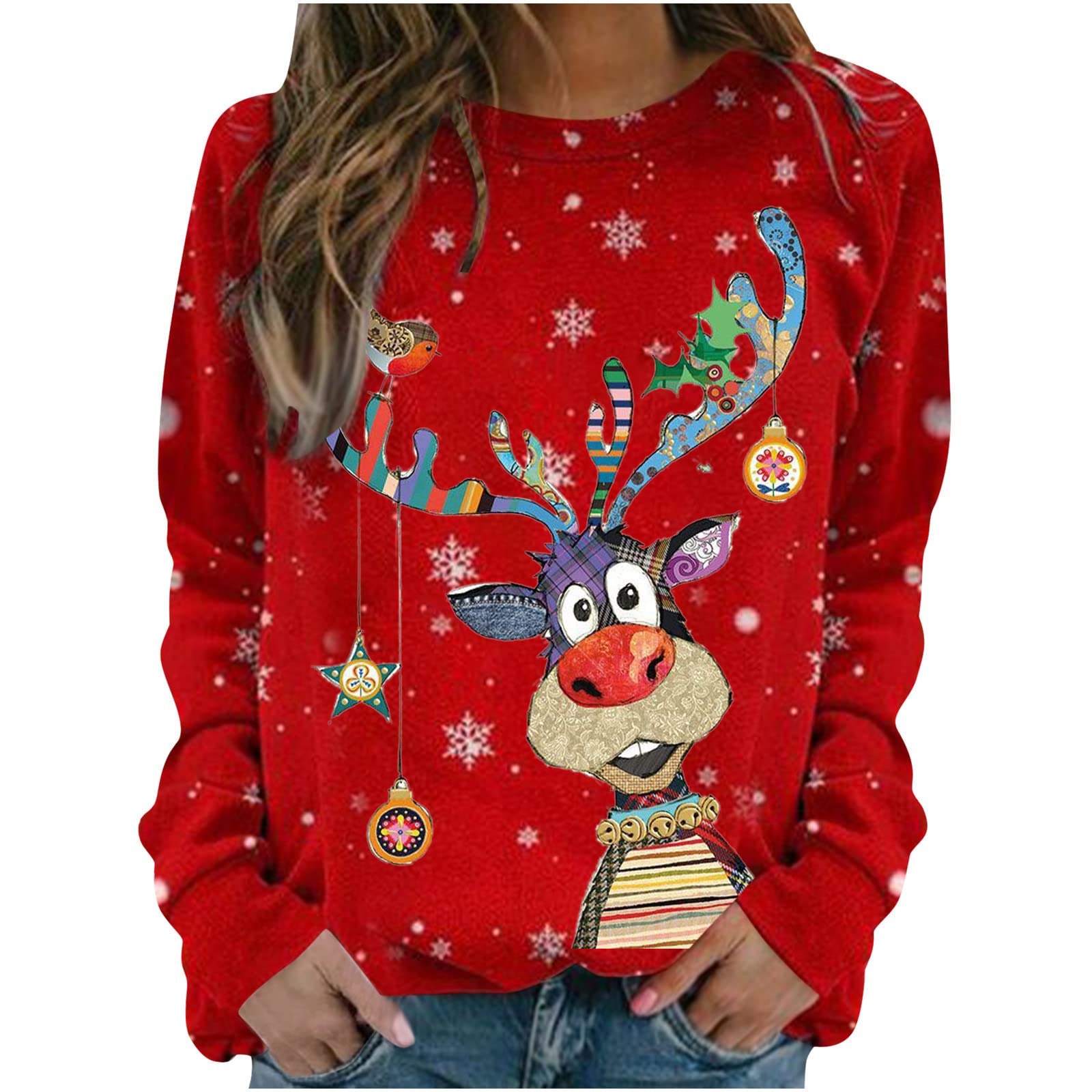 Funny Reindeer Christmas Sweater for Women - Wine Glass Print Ugly Xmas Jumper, Crew Neck Pullover Holiday Party Sweatshirt | Perfect for Christmas Parties, Family Gatherings & Festive Photo Shoots