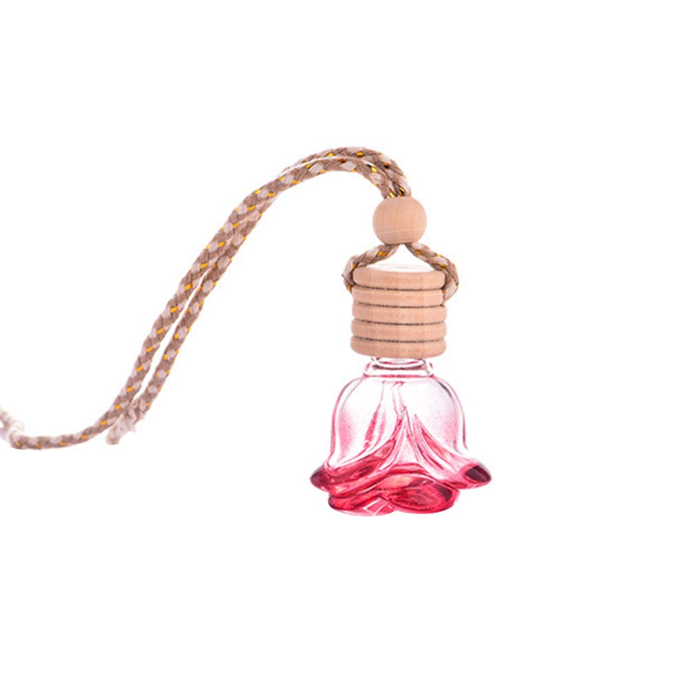 QSBai Red Glass Flower-Shaped Car Hanging Pendant - Empty Bottle for Perfume & Air Freshener | Perfect for Car Interior Decor & Aromatherapy